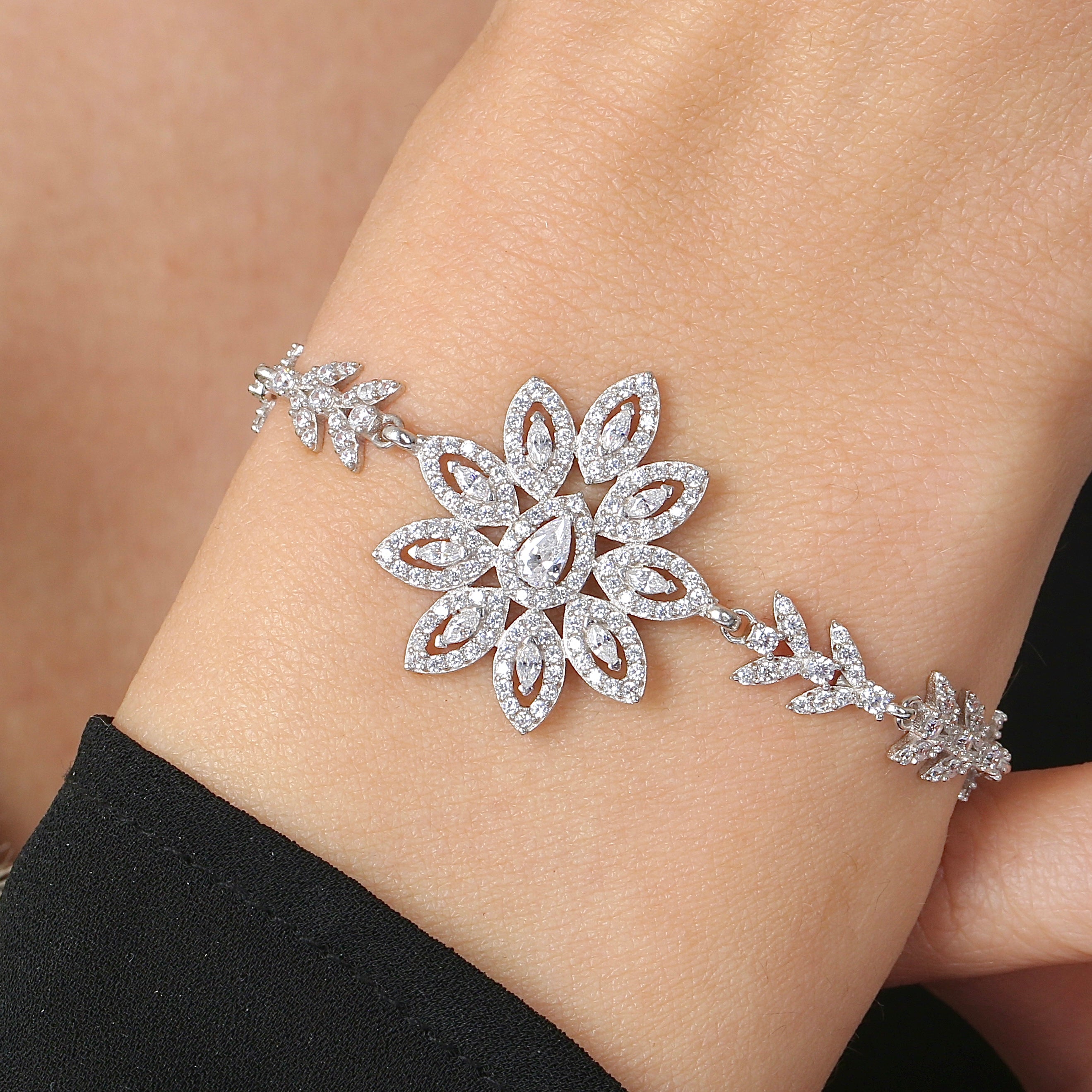 Celestial Lotus Bloom Vine CZ 925K Sterling Silver Bracelet - Etossimo Jewelry
