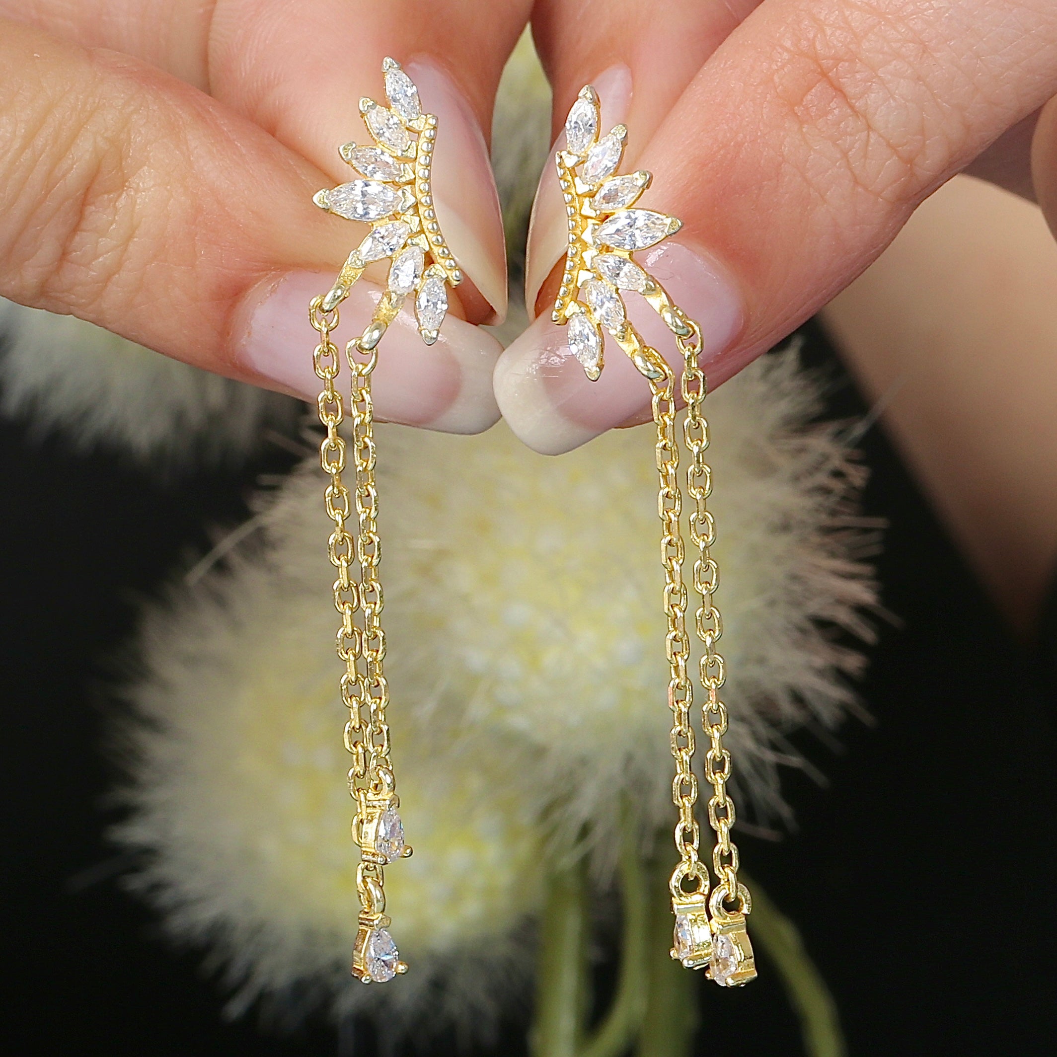 Solar Flare Drop Dangles CZ 14K Gold Earrings - Etossimo Jewelry