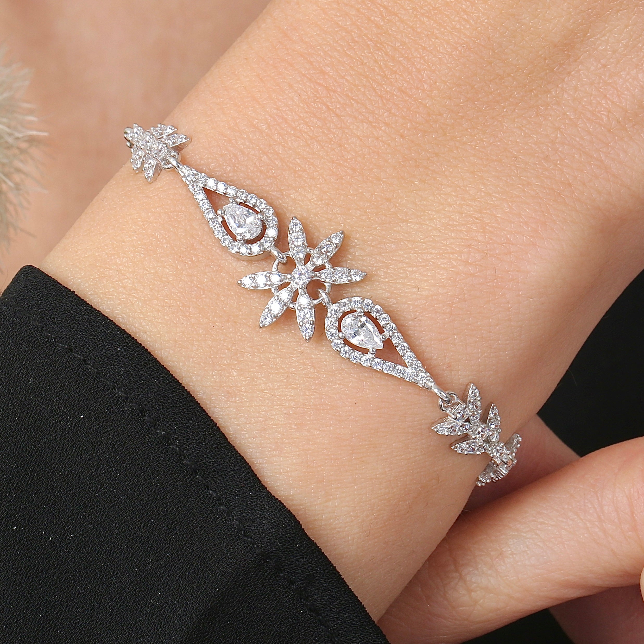 Star Anise Teardrop Bloom Vine CZ 925K Sterling Silver Bracelet - Etossimo Jewelry