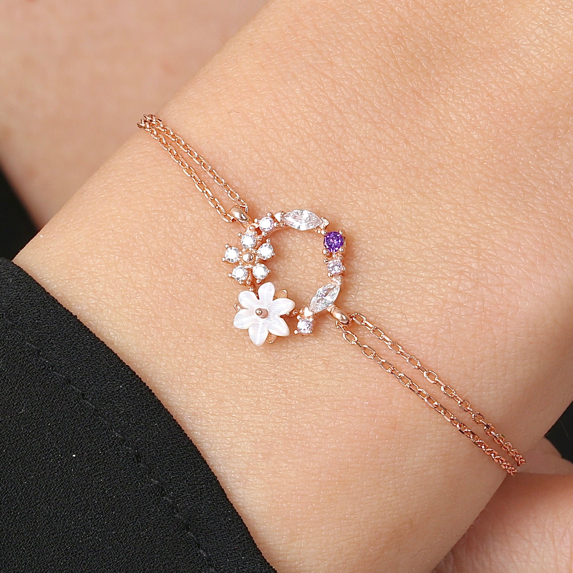 Magnolia Flowers Multicolor Harmony CZ 925K Sterling Silver Bracelet - Etossimo Jewelry