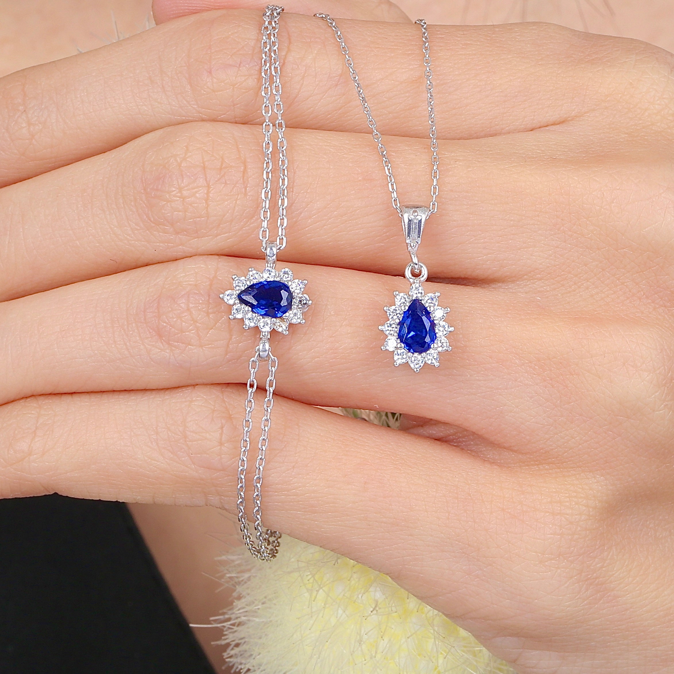 Noble Sapphire Color Teardrop CZ 925K Sterling Silver Set - Etossimo Jewelry