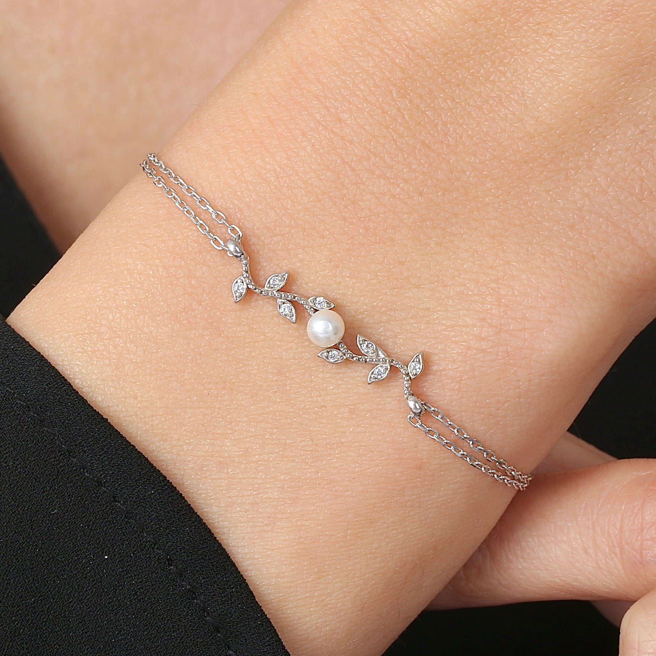 Pearl Beaded Willow Leaf CZ 925K Sterling Silver Bracelet - Etossimo Jewelry
