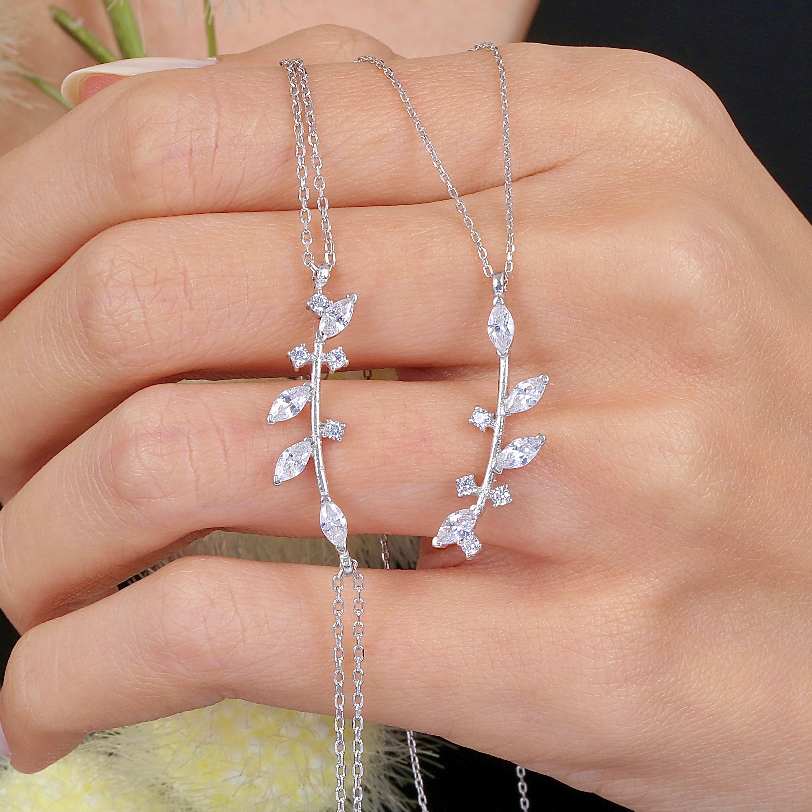 Botanic Olive Branch CZ 925K Sterling Silver Set - Etossimo Jewelry