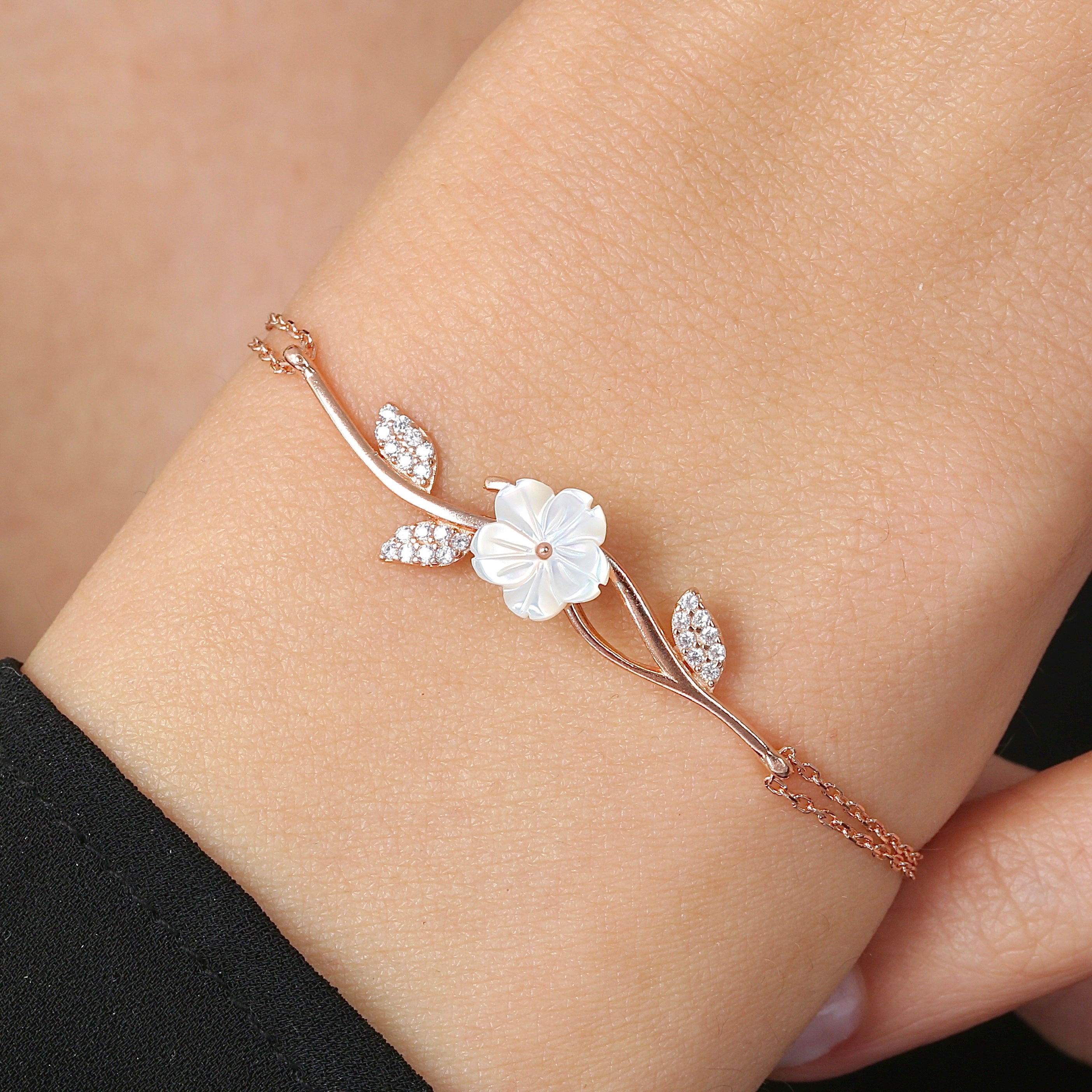 Shimmering Magnolia Bloom Twig CZ Rose Gold 925K Sterling Silver Bracelet - Etossimo Jewelry