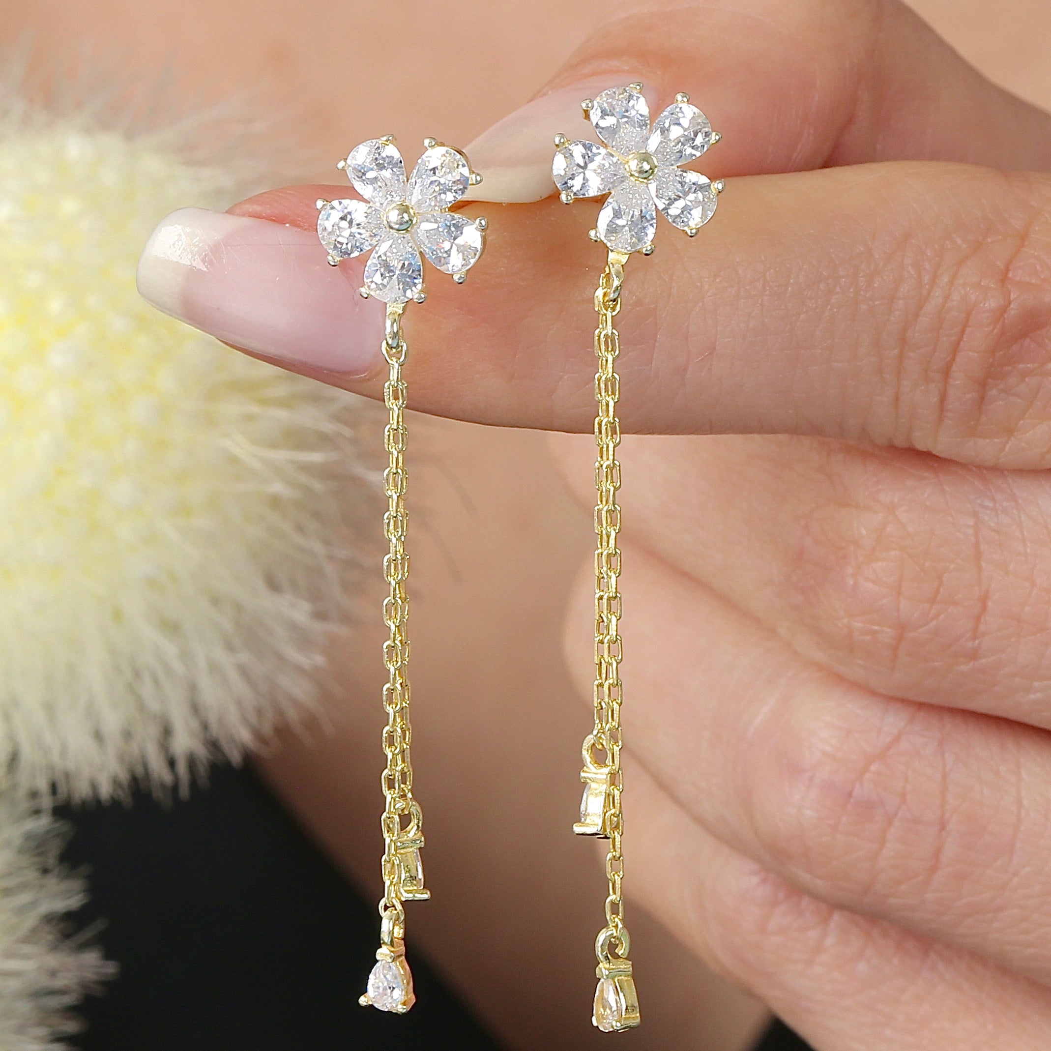 Plumeria Glow Drop Dangles CZ 14K Gold Earrings - Etossimo Jewelry