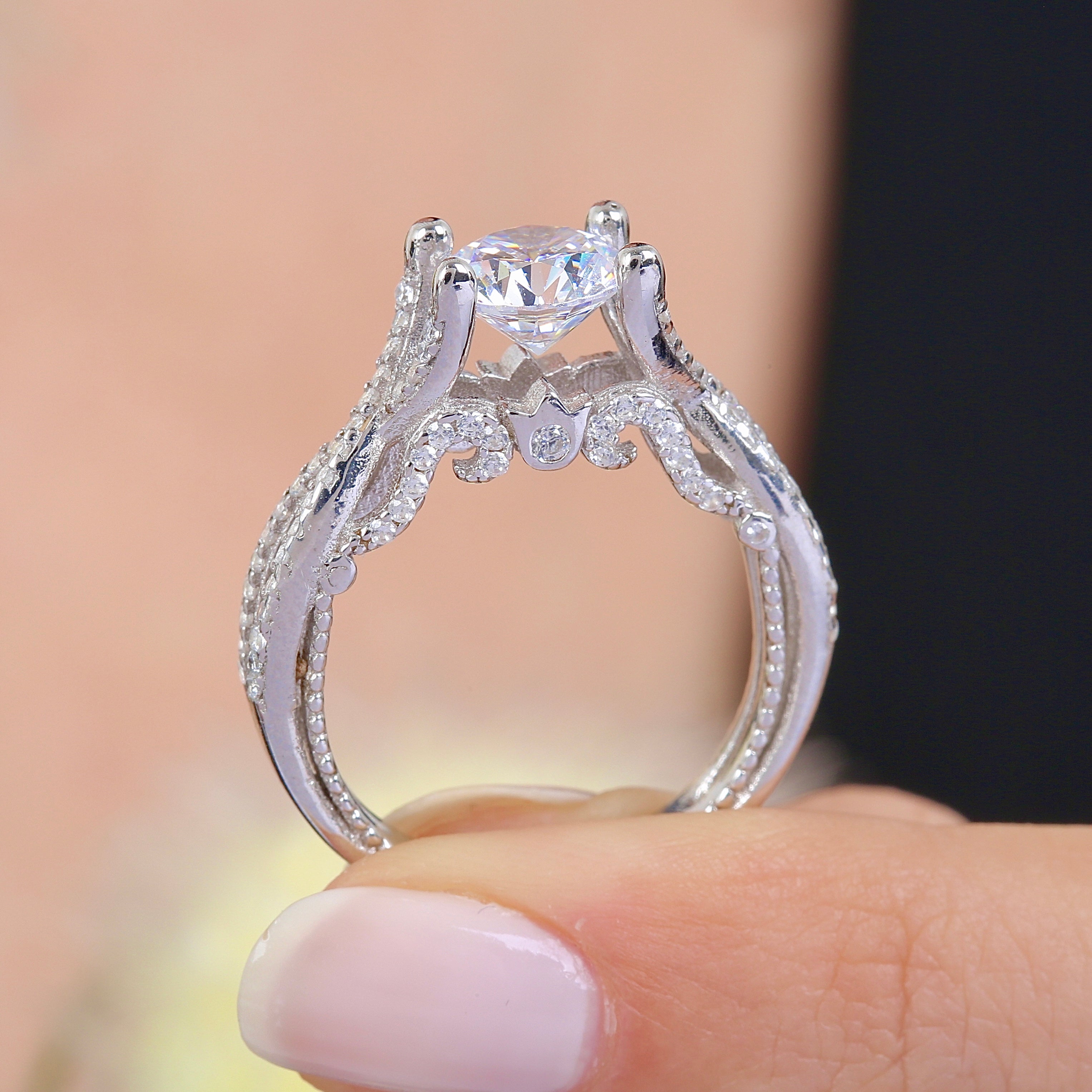 ☆TATIANA☆ Silver 925 Rumply Slim Ring CR1845 White Cubic Zirconia Platinum Over Sterling Silver Asscher