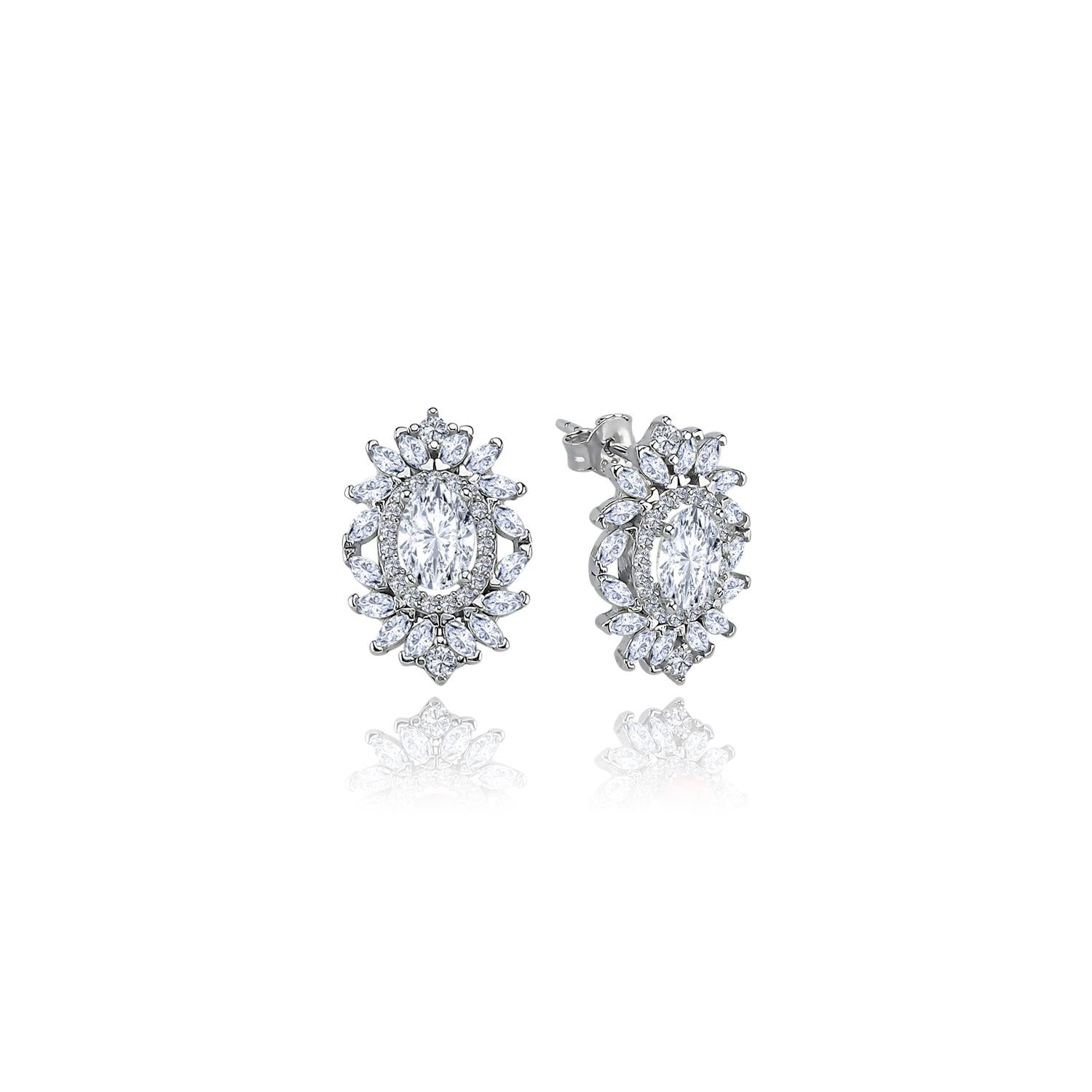 Vintage Oval Starflower Crest CZ 925K Sterling Silver Earrings - Etossimo Jewelry