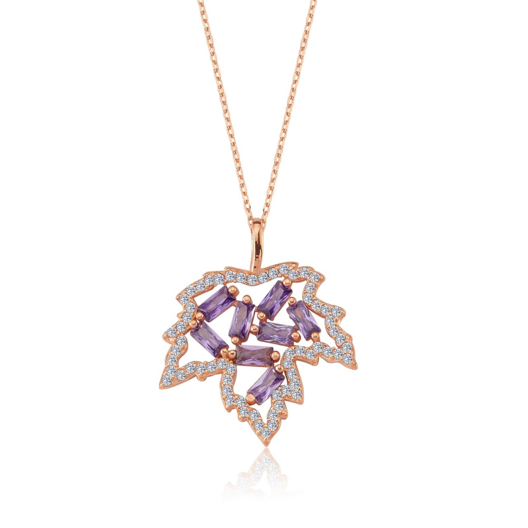 Maple Leaf Whisper Amethyst Color CZ Rose Gold 925K Sterling Silver Necklace