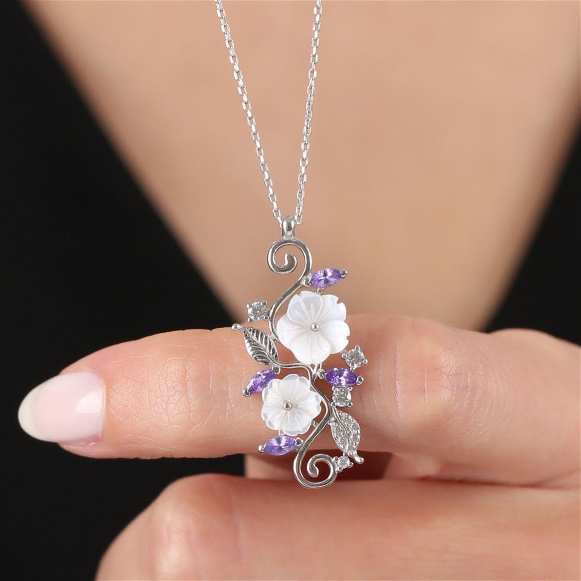 Magnolia Symphony Vine with Amethyst Gem CZ 925K Sterling Silver Necklace