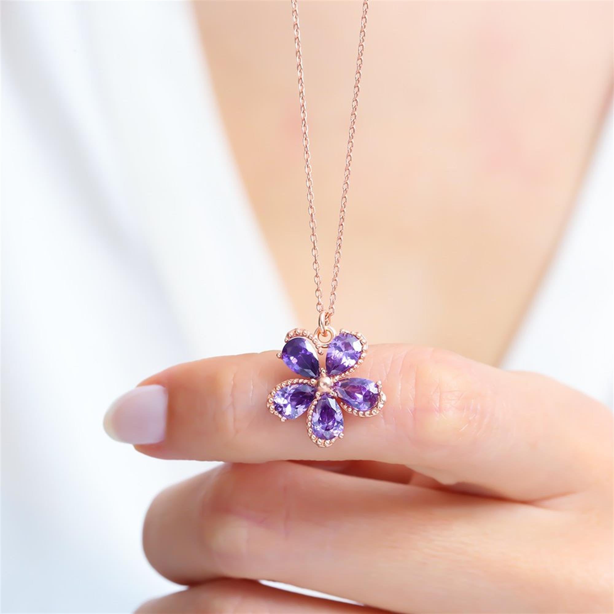 Amethyst Color Blossom Radiance CZ Rose Gold 925K Sterling Silver Necklace