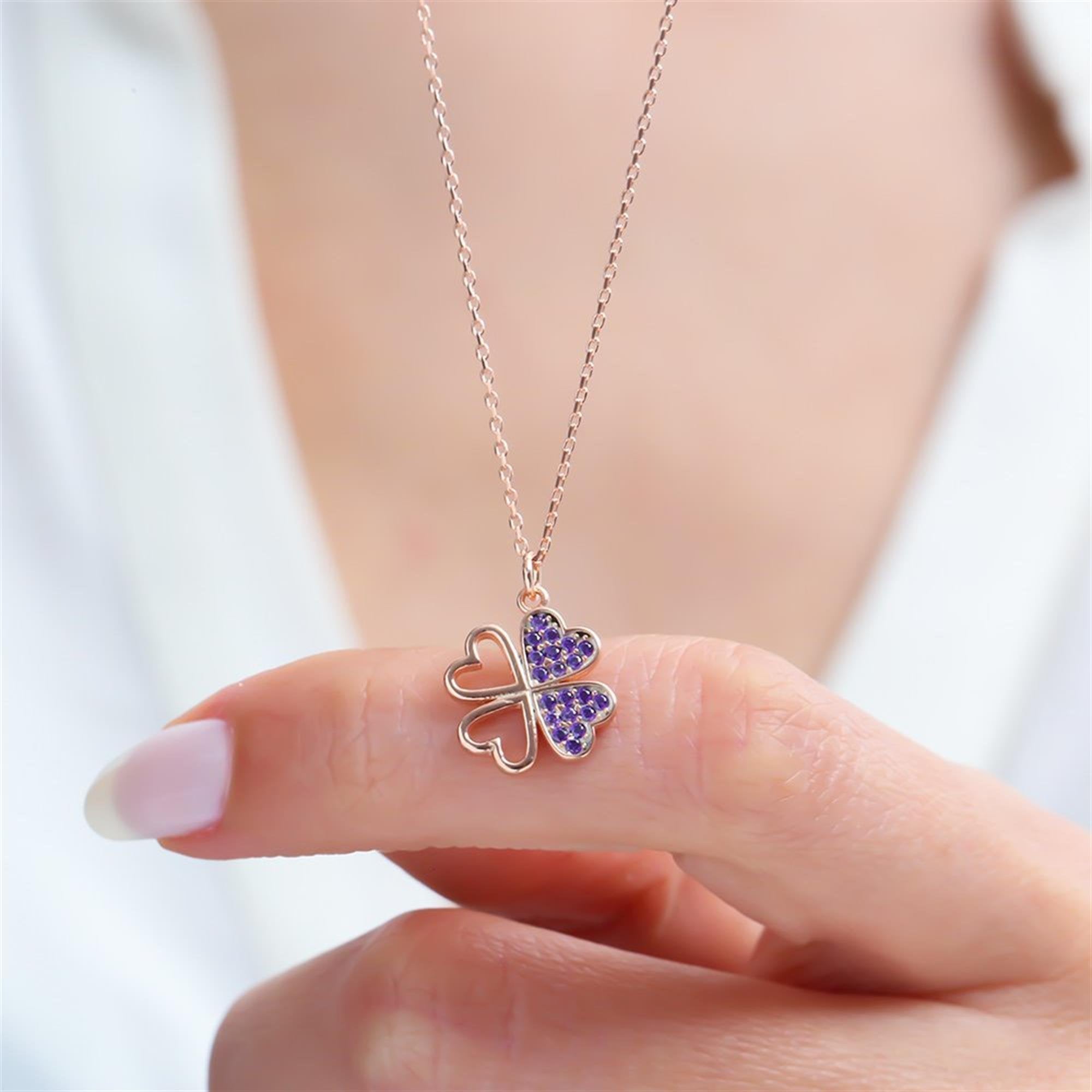 Lucky Heart Clover Amethyst Color CZ Rose Gold 925K Sterling Silver Necklace
