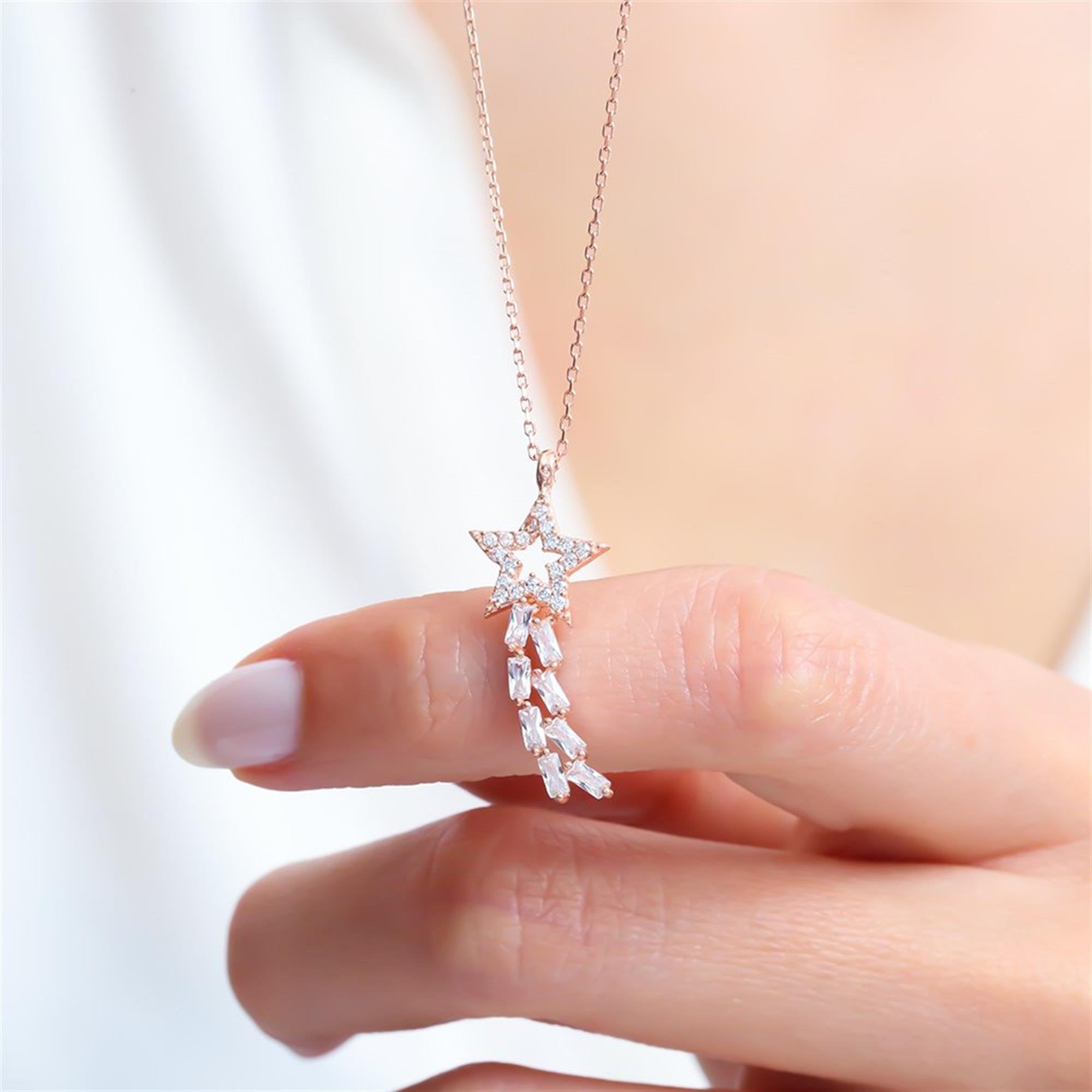 Twilight Comet Grace CZ Rose Gold 925K Sterling Silver Necklace
