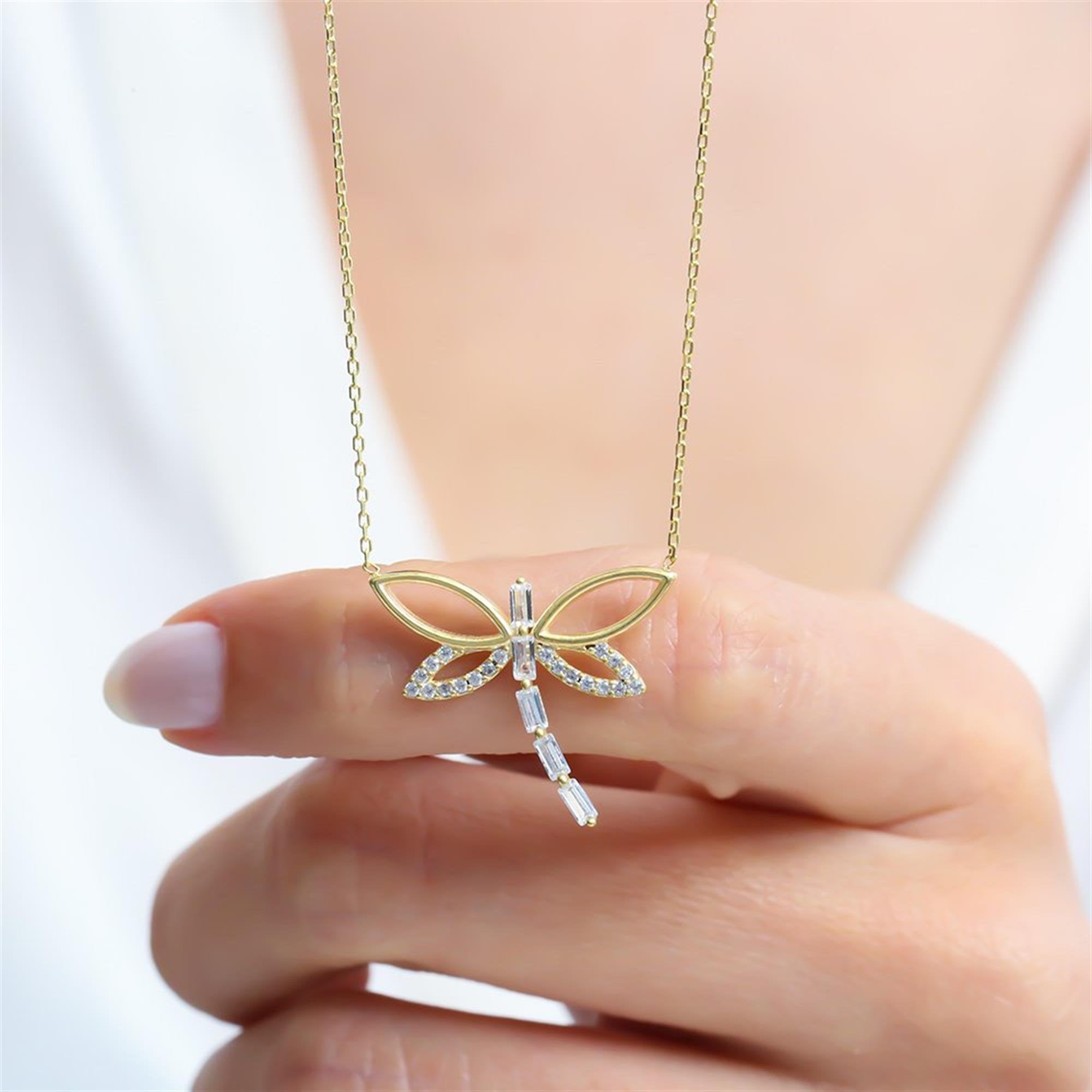 Whispering Dragonfly Wings CZ 14K Gold Necklace