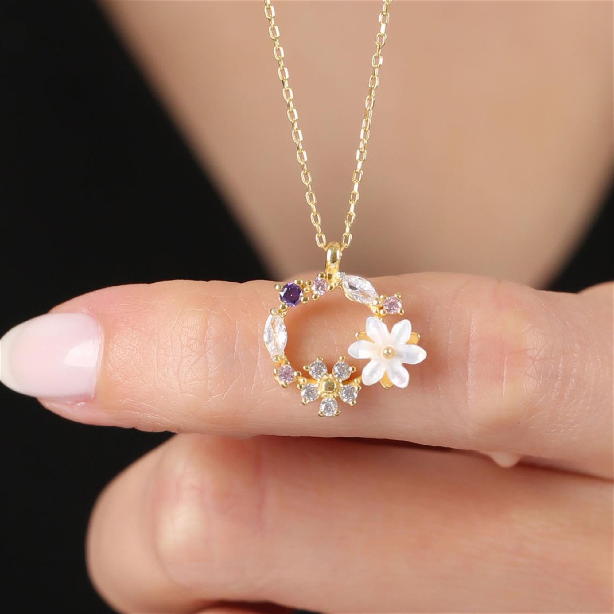 Magnolia Flowers Multicolor Harmony CZ 14K Gold Necklace