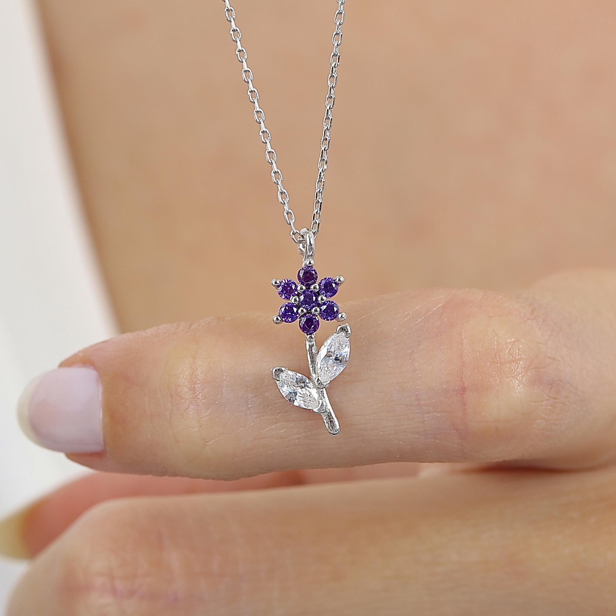 Bloom Stem Amethyst Color CZ 925K Sterling Silver Necklace