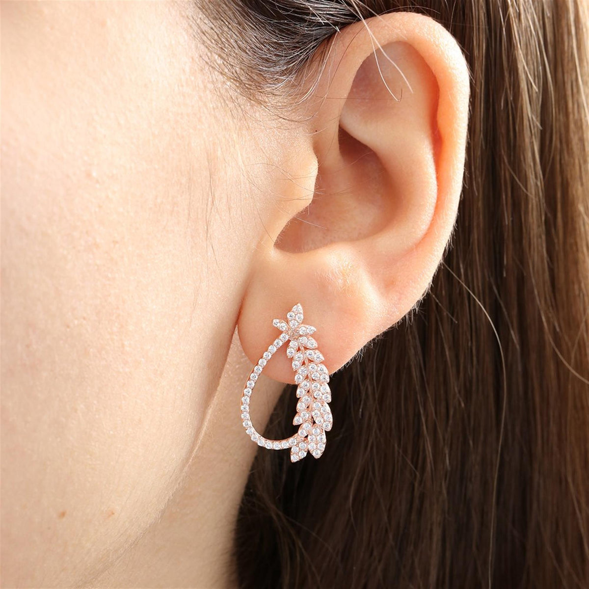 Sparkling Leaf Cascade CZ Rose Gold 925K Sterling Silver Earrings