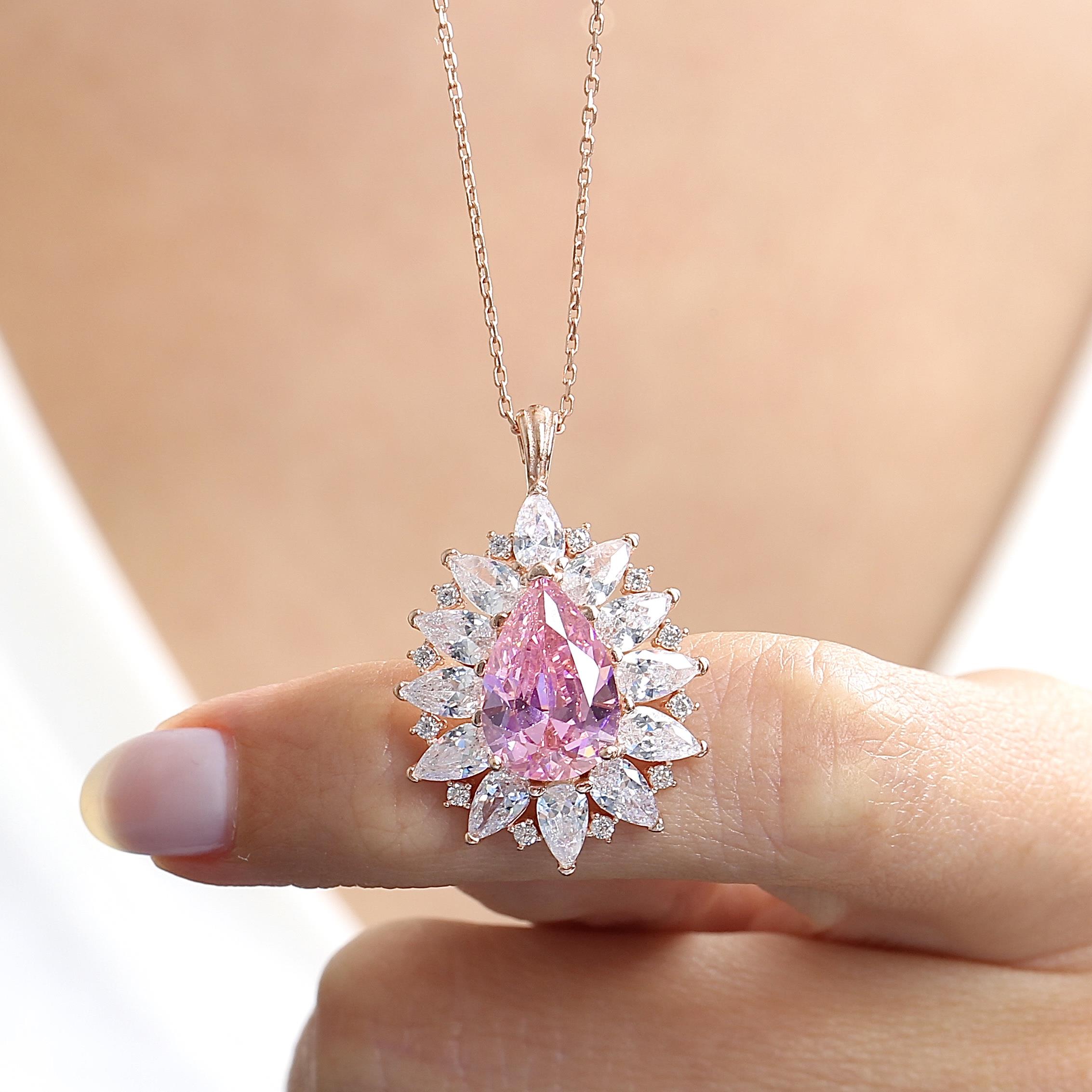 Radiant Pink Stone Royal Bloom CZ Rose Gold 925K Sterling Silver Necklace