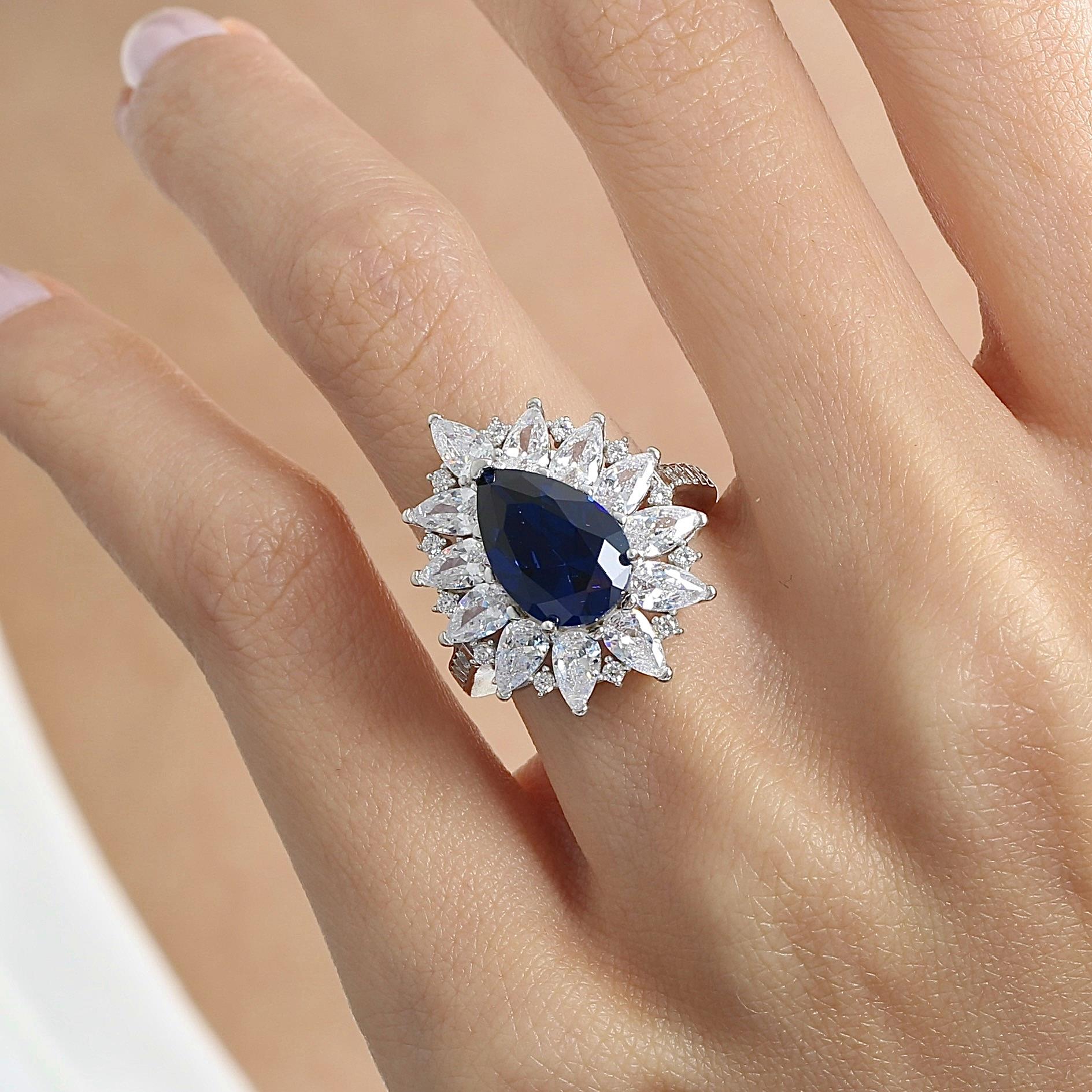Radiant Sapphire Color Royal Bloom CZ 925K Sterling Silver Ring