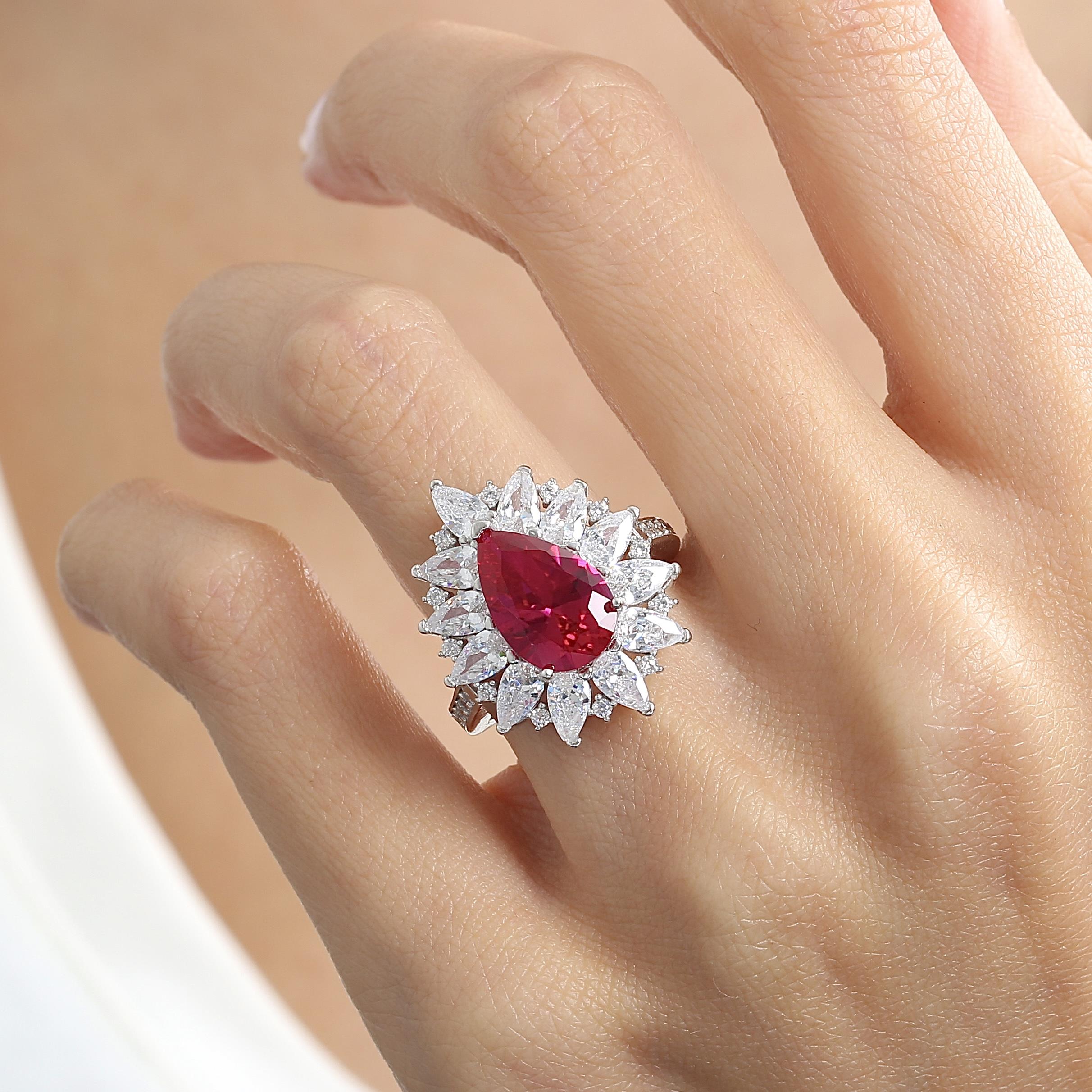 Radiant Ruby Color Royal Bloom CZ 925K Sterling Silver Ring
