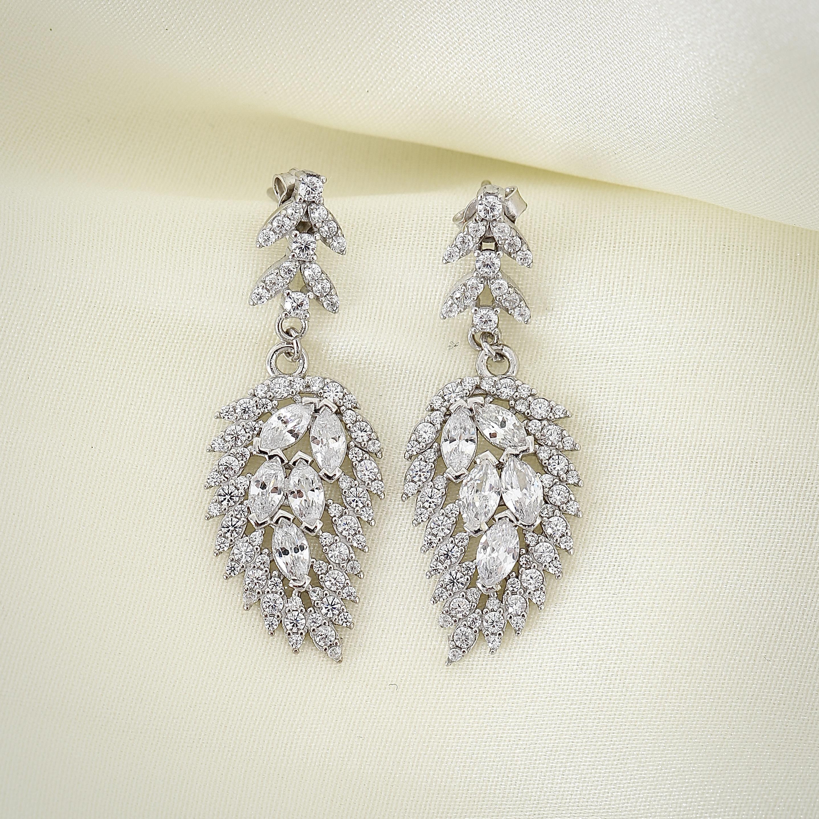 Majestic Elegance Angelic Leaves CZ 925K Sterling Silver Eaarrings - Etossimo Jewelry