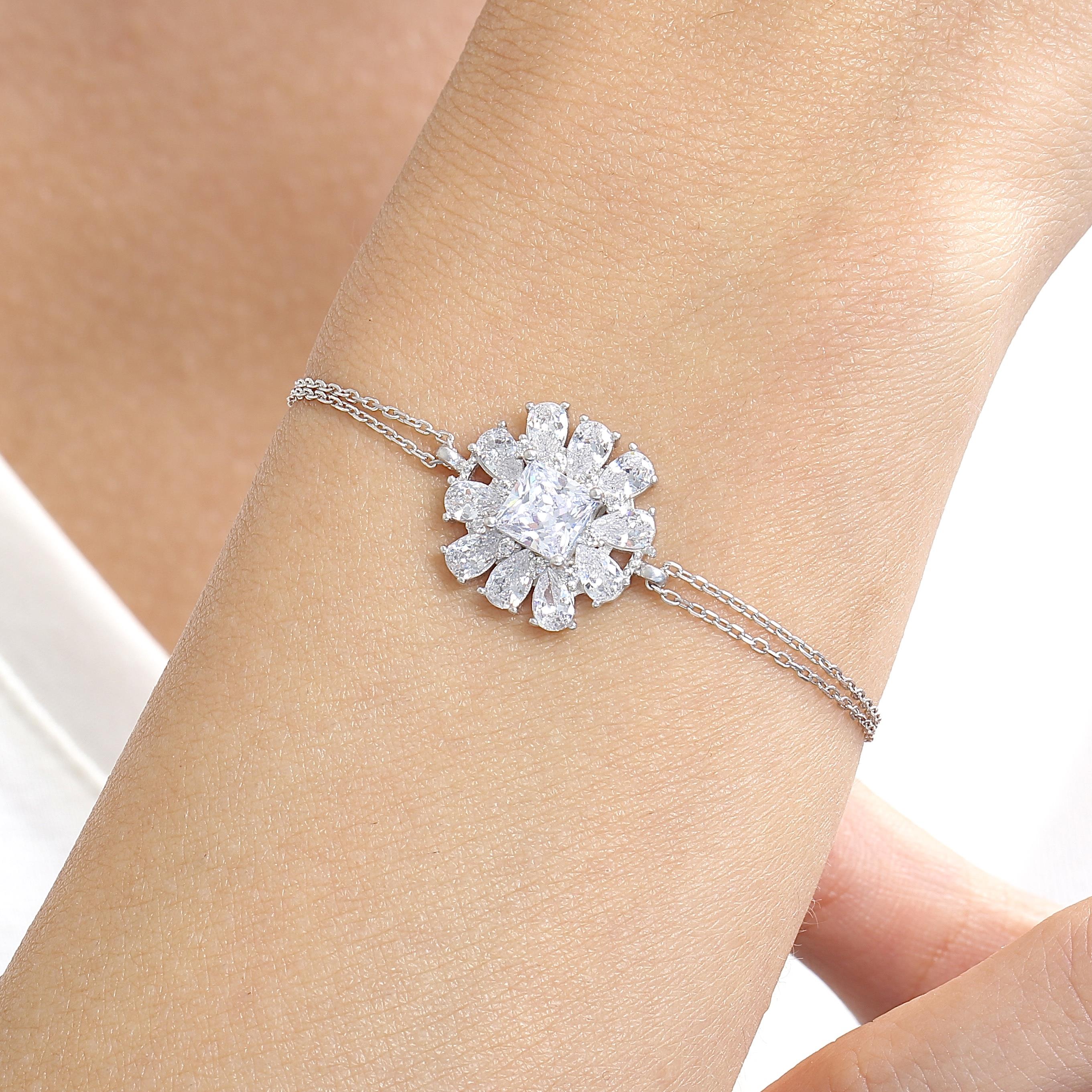 Crystal Crown Bloom CZ 925K Sterling Silver Bracelet