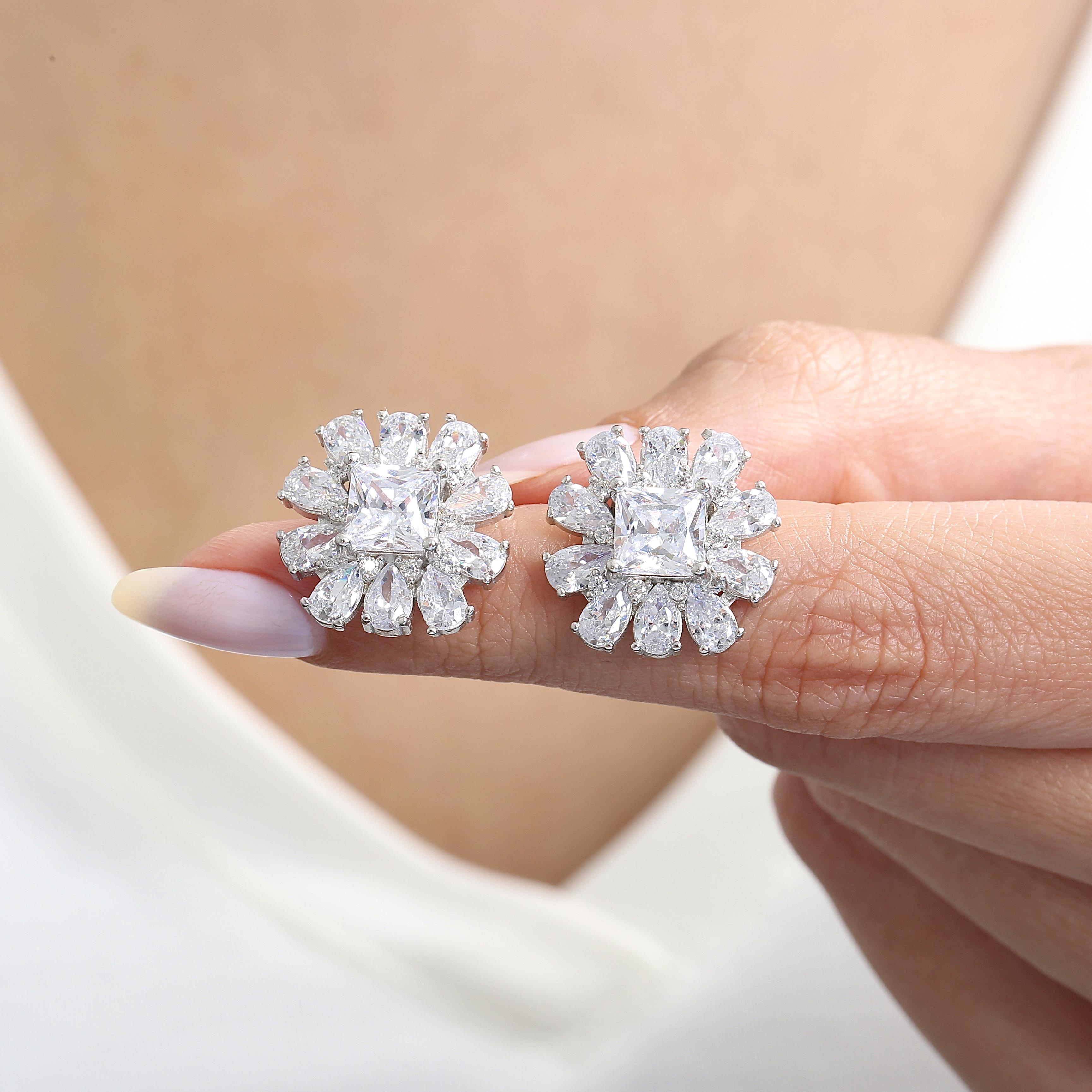 Crystal Crown Bloom CZ 925K Sterling Silver Earrings