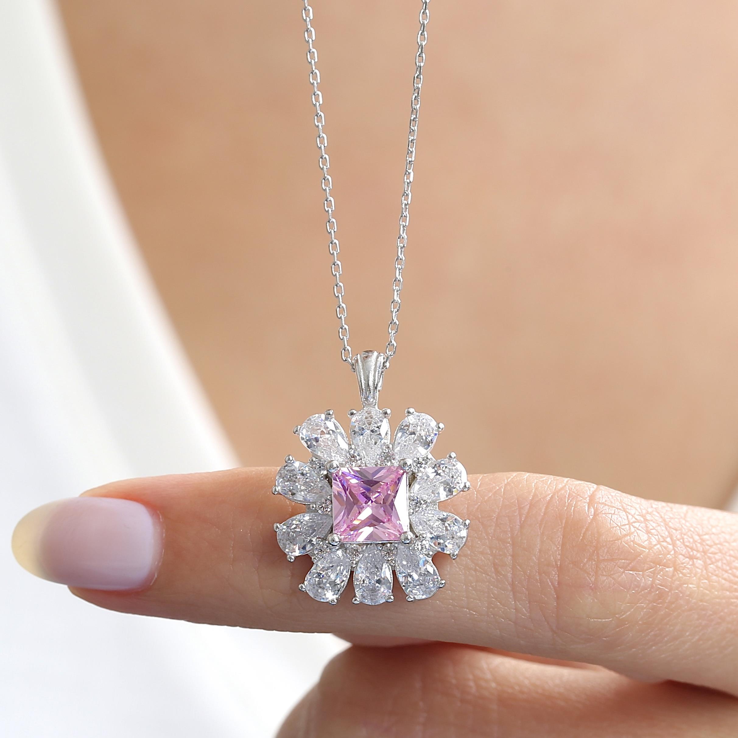 Crystal Crown Bloom Pink Stone CZ 925K Sterling Silver Necklace
