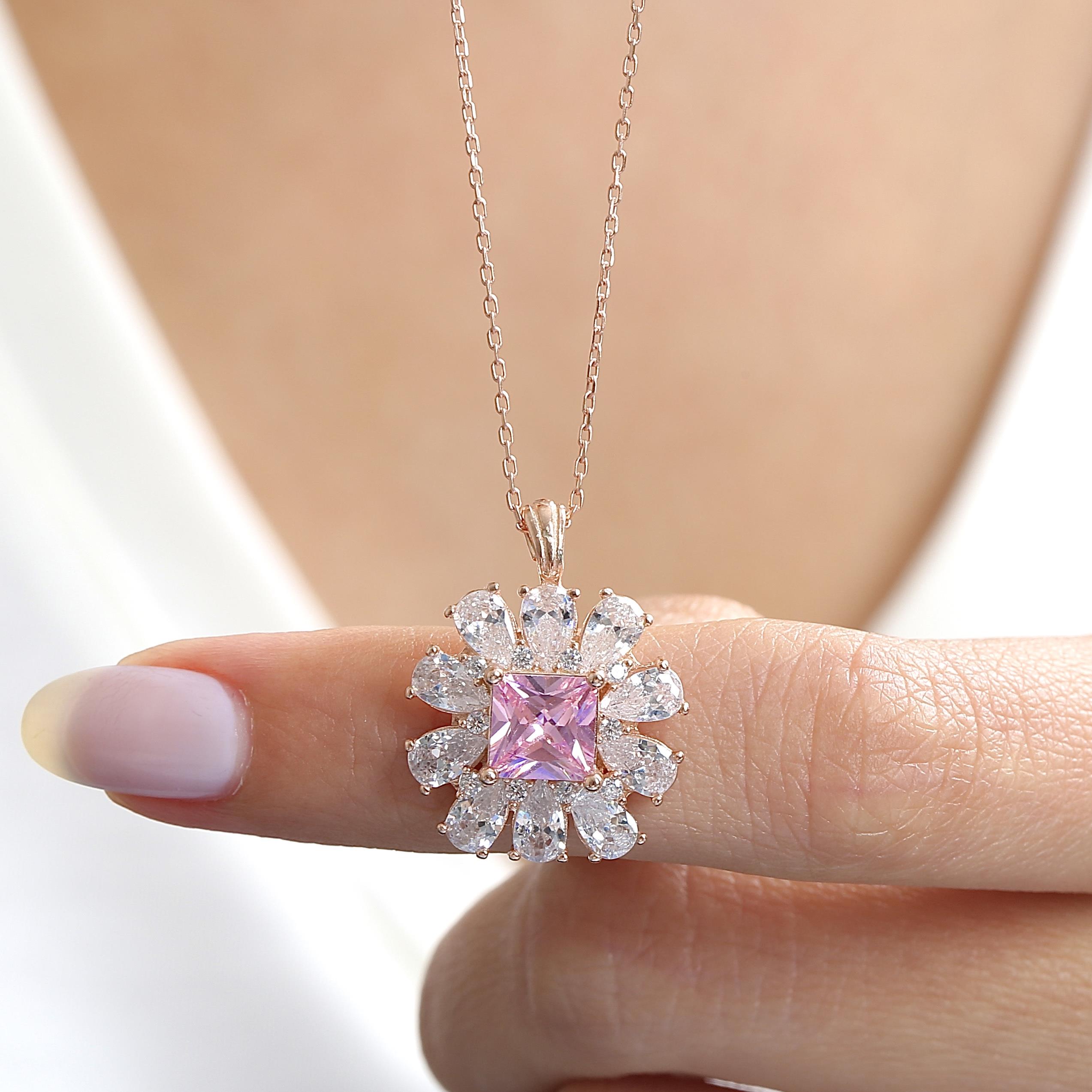 Crystal Crown Bloom Pink Stone CZ Rose Gold 925K Sterling Silver Necklace