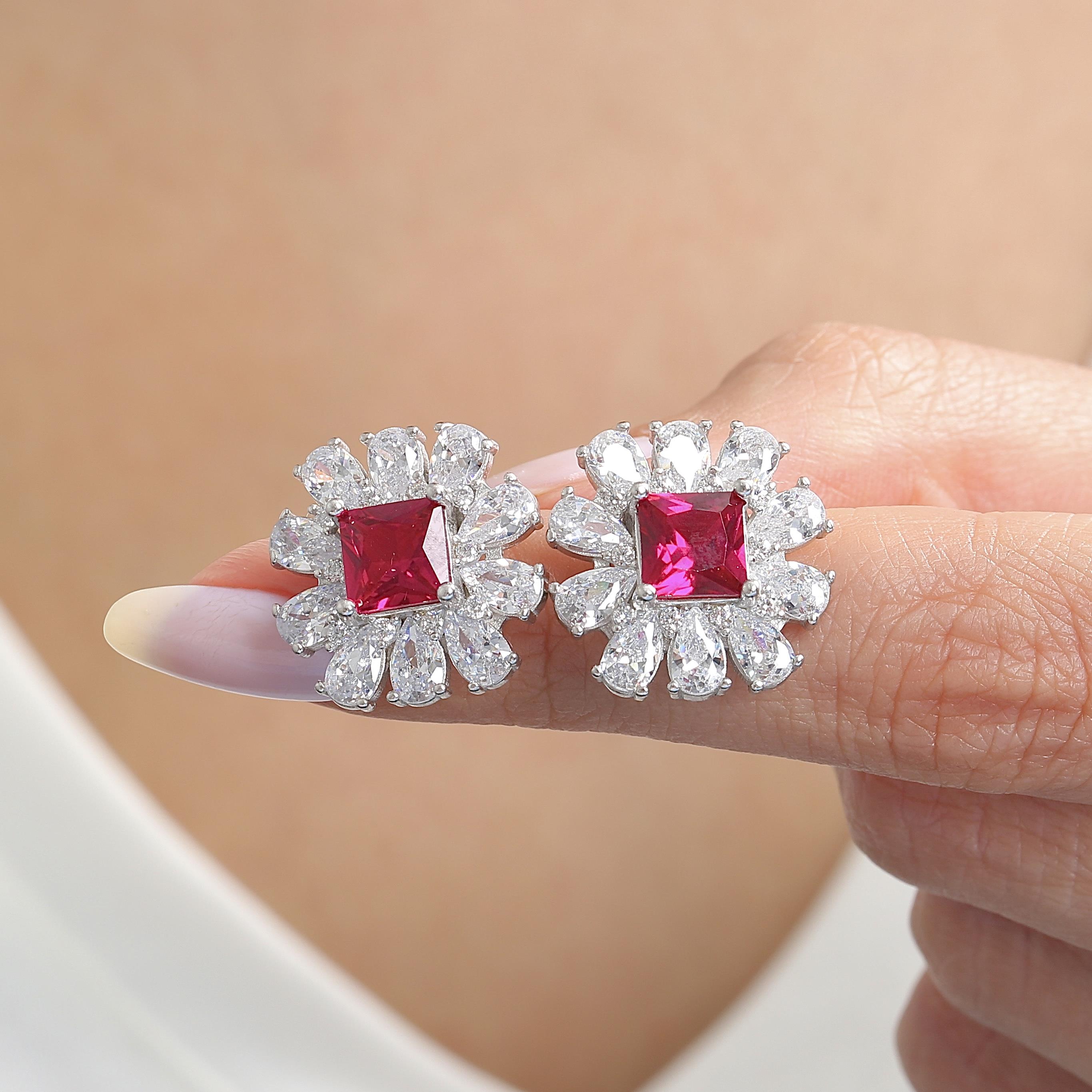 Crystal Crown Bloom Ruby Color CZ 925K Sterling Silver Earrings