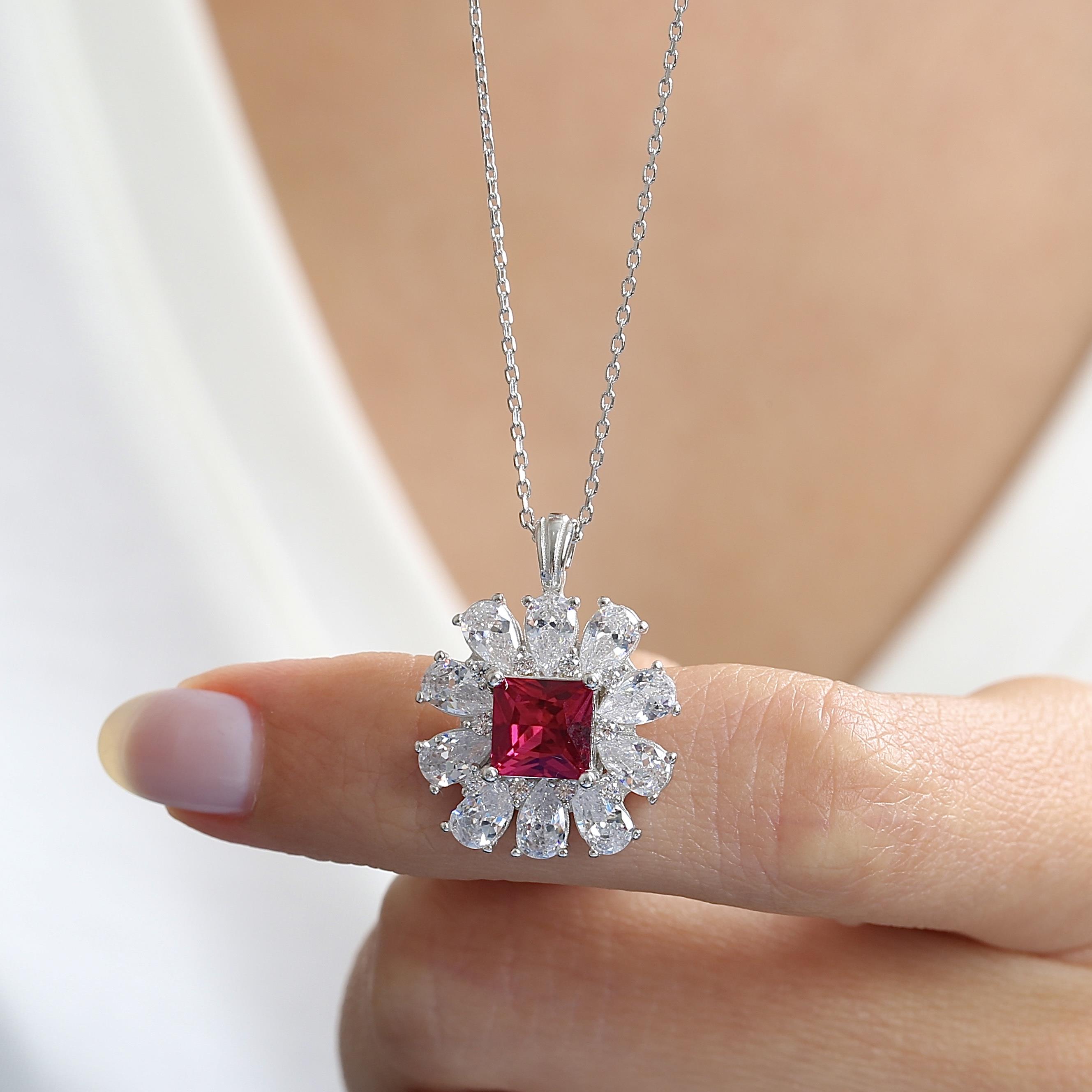 Crystal Crown Bloom Ruby Color CZ 925K Sterling Silver Necklace