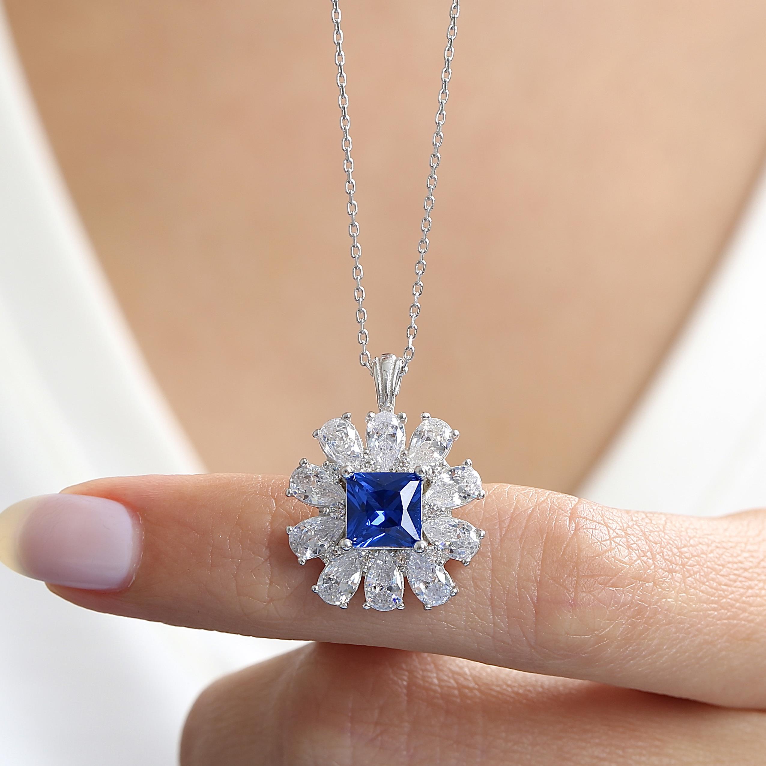 Crystal Crown Bloom Sapphire Color CZ 925K Sterling Silver Necklace