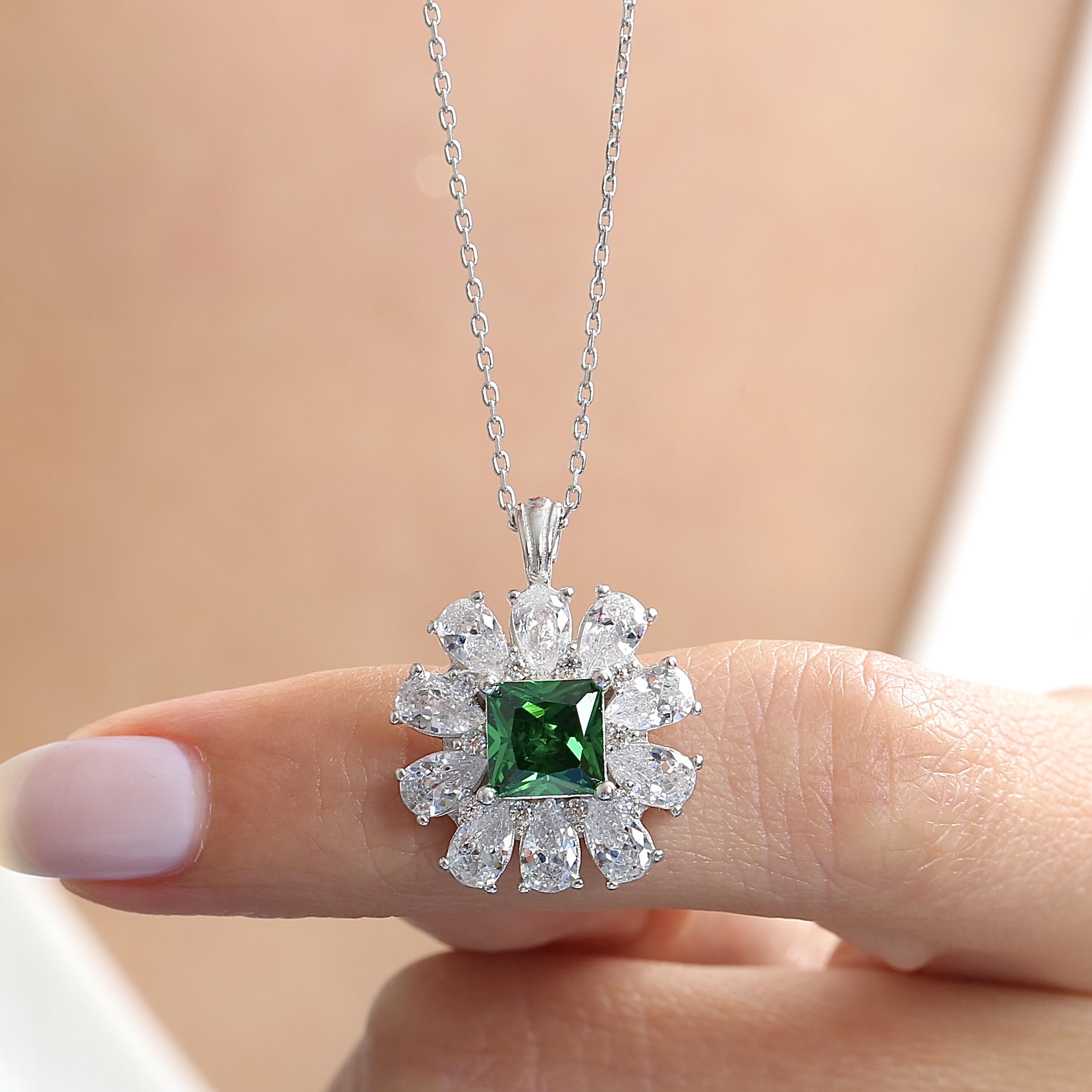 Crystal Crown Bloom Emerald Color CZ 925K Sterling Silver Necklace