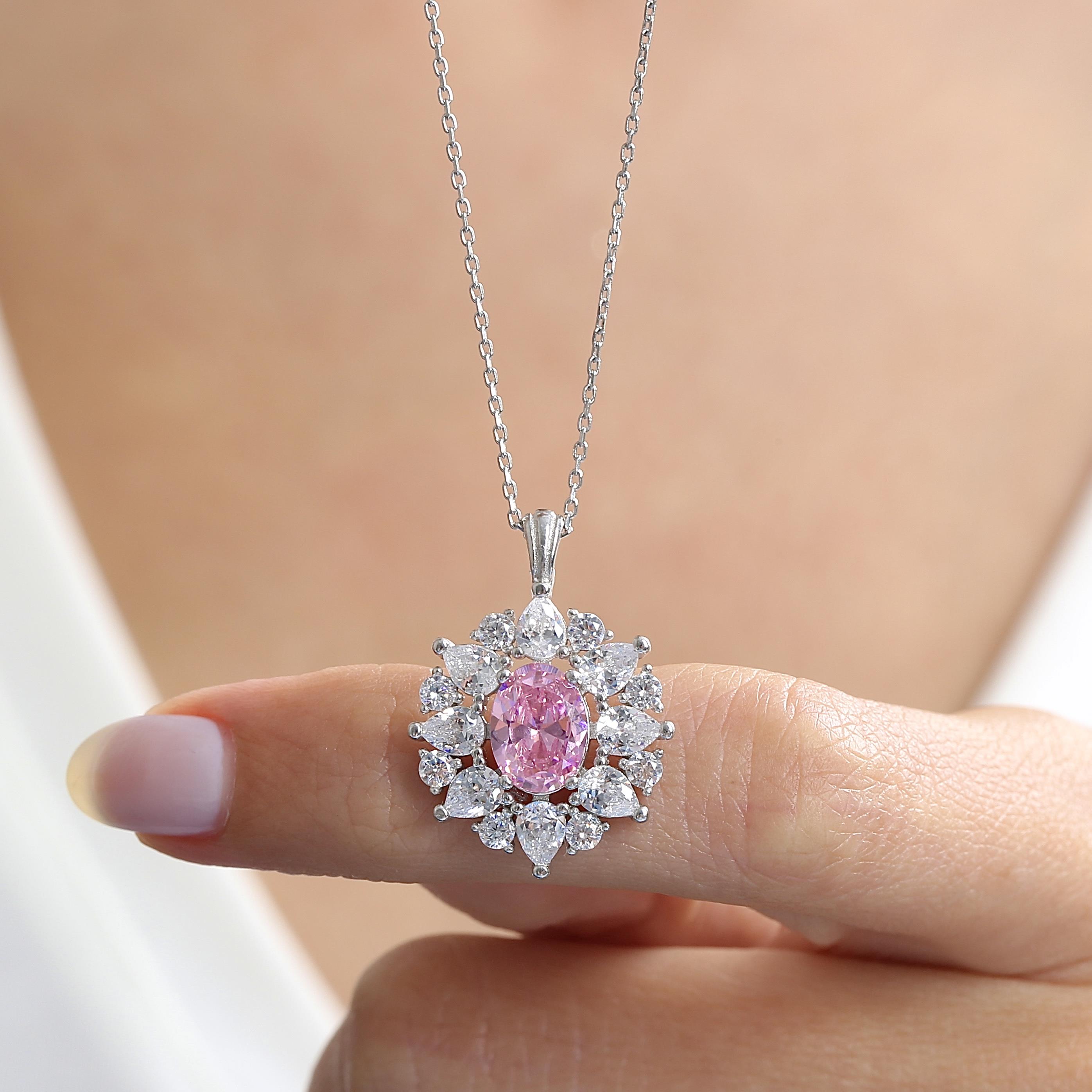 Empress Glow Pink Stone CZ 925K Sterling Silver Necklace