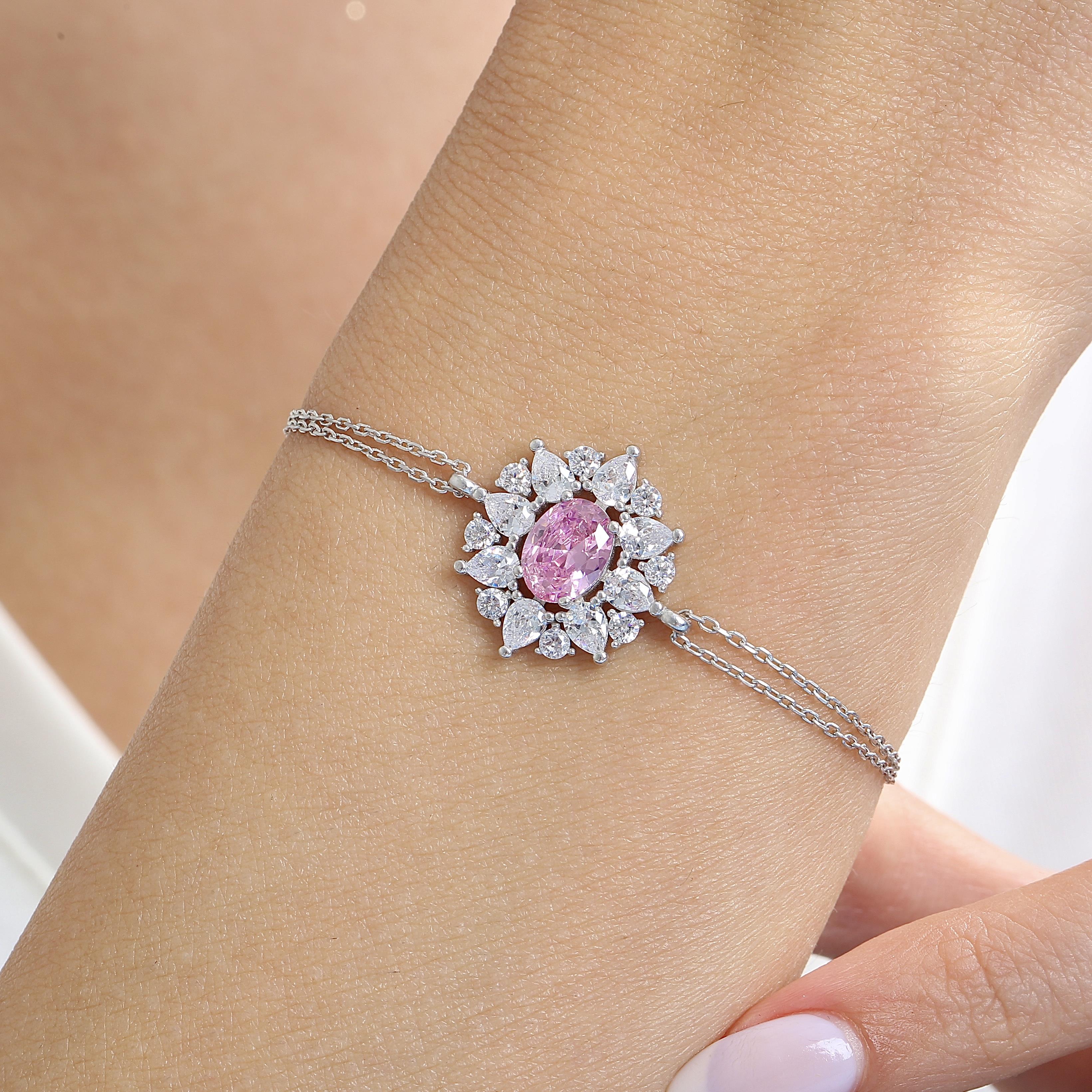 Empress Glow Pink Stone CZ 925K Sterling Silver Bracelet