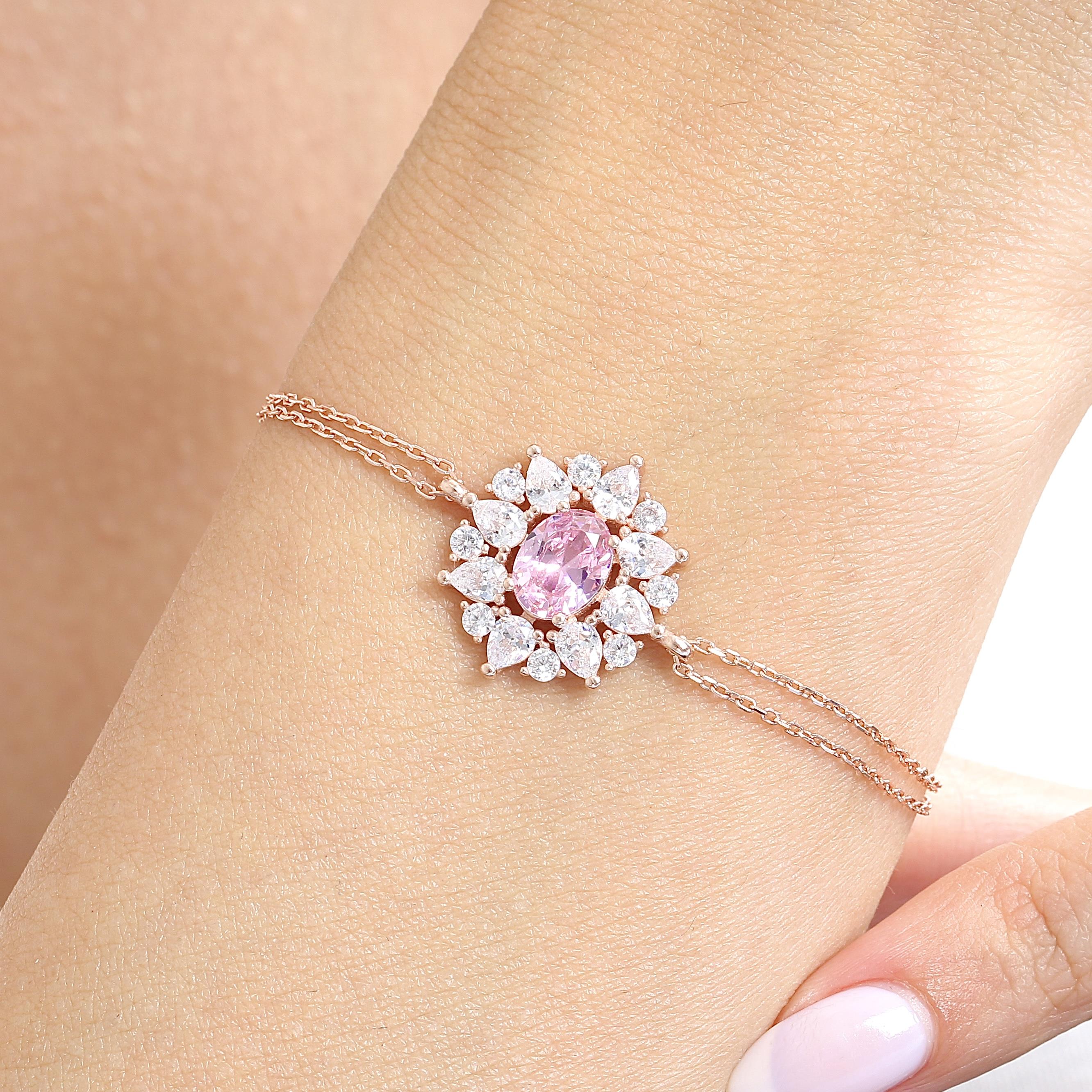 Empress Glow Pink Stone CZ Rose Gold 925K Sterling Silver Bracelet