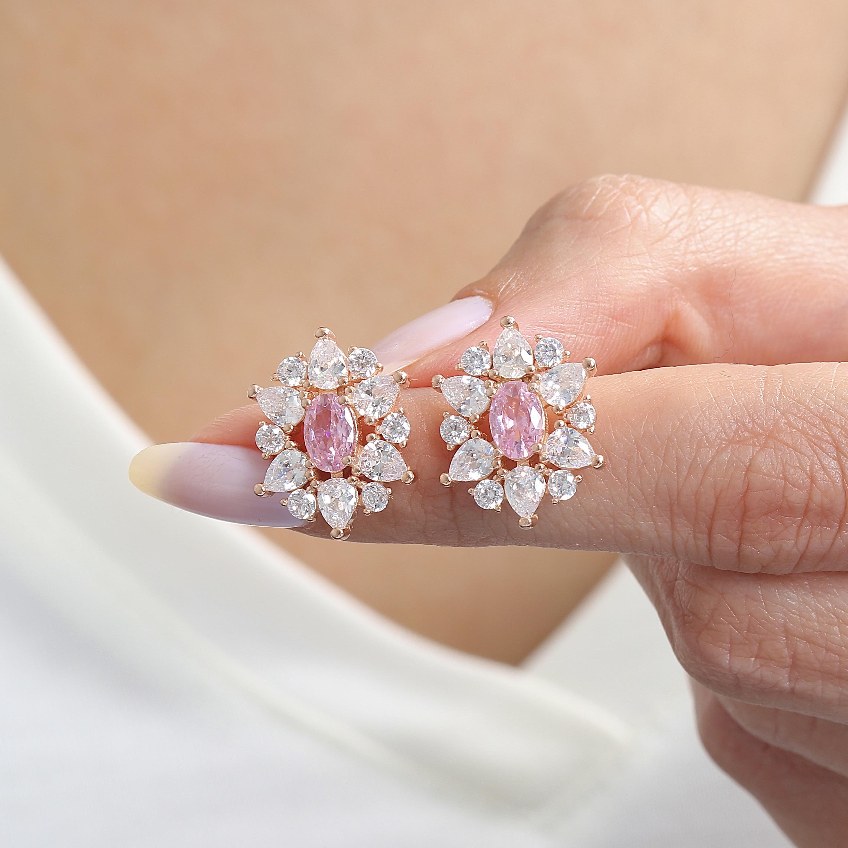 Empress Glow Pink Stone CZ Rose Gold 925K Sterling Silver Earrings