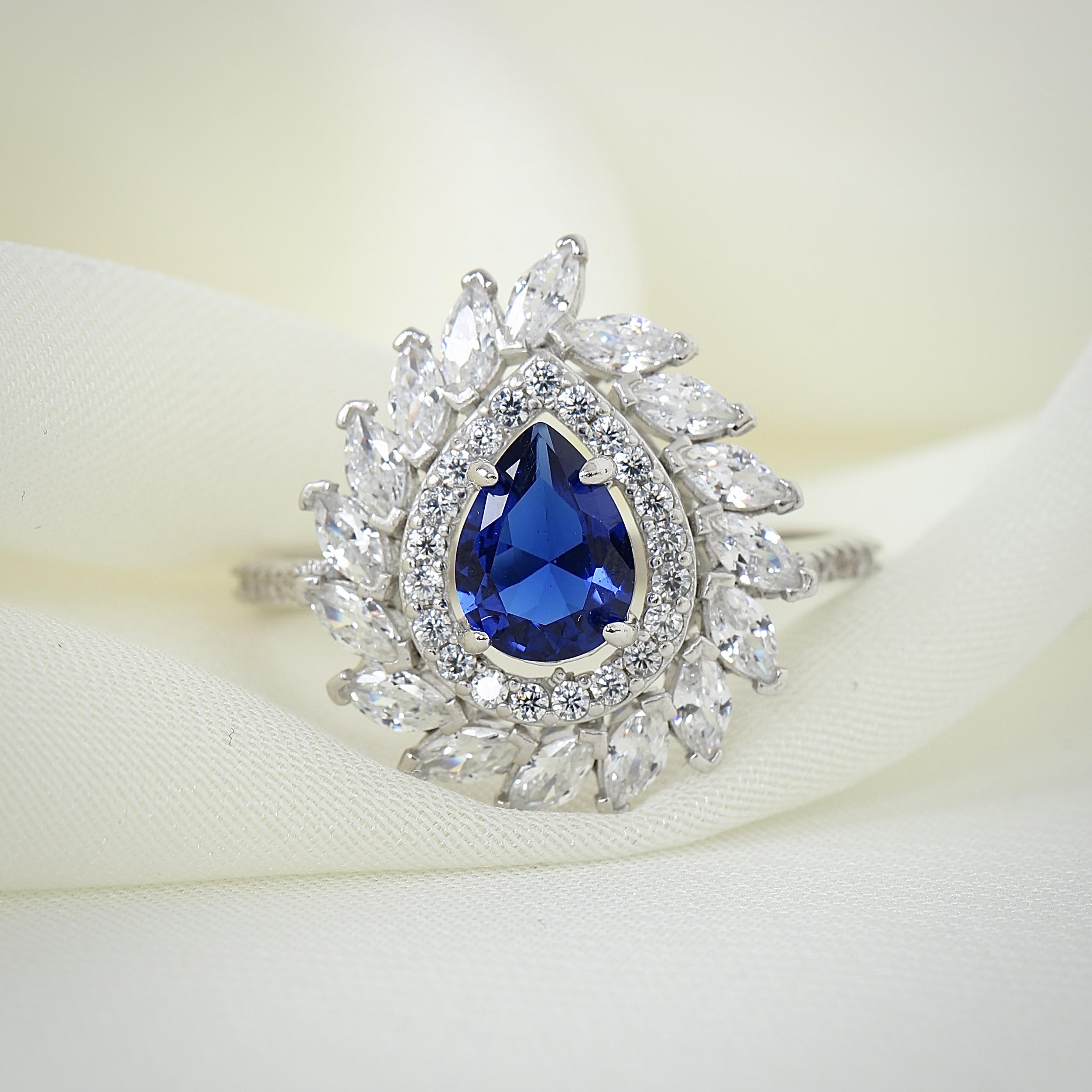 Sparkling Marquis Serenade Sapphire Color CZ 925K Sterling Silver Ring - Etossimo Jewelry