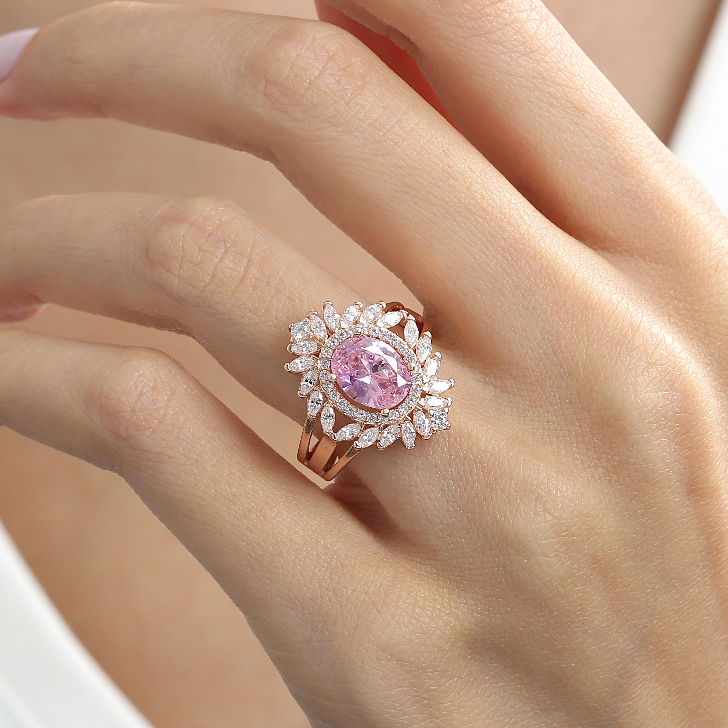 Royal Fleur Pink Stone CZ Rose Gold 925K Sterling Silver Ring
