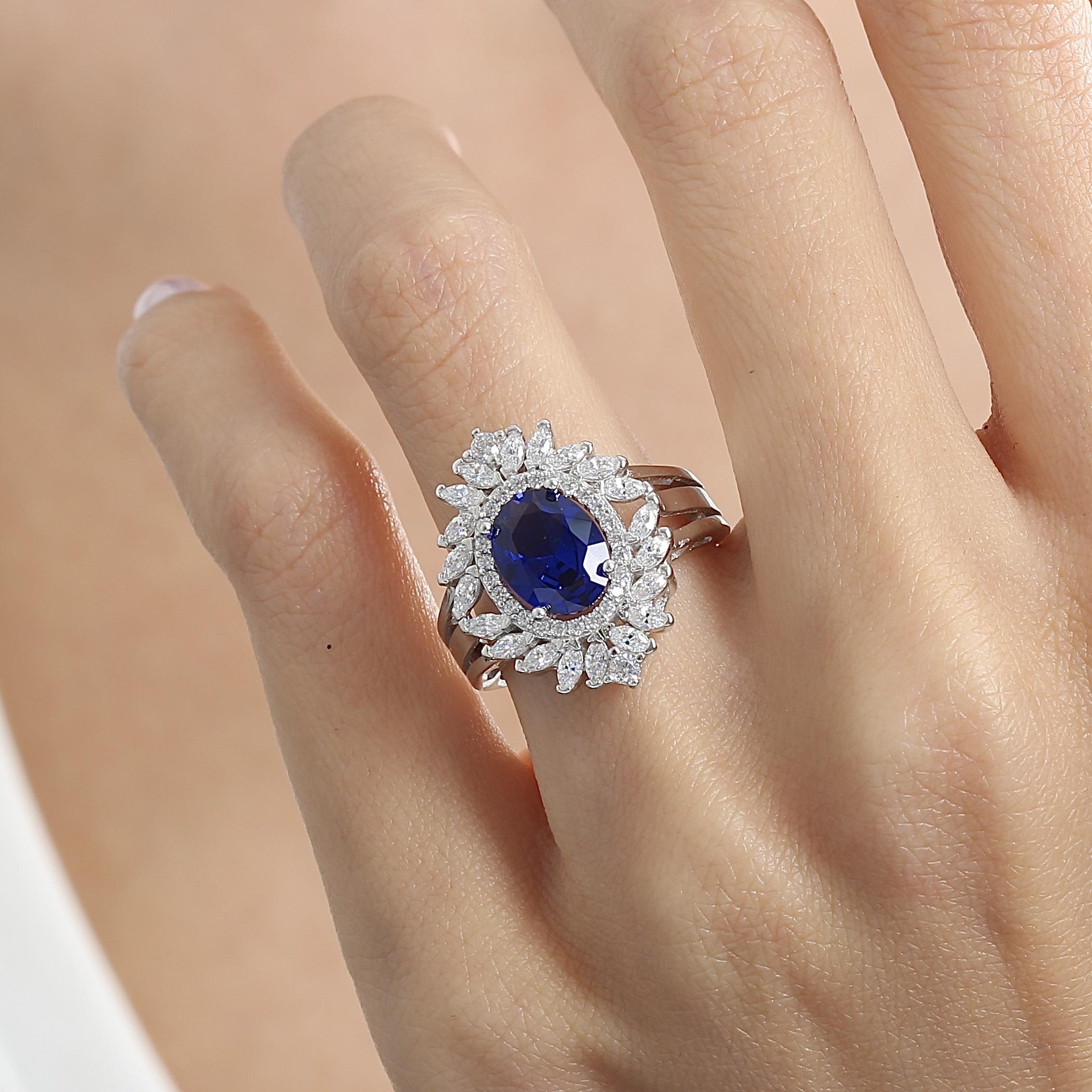 Royal Fleur Sapphire Color CZ 925K Sterling Silver Ring