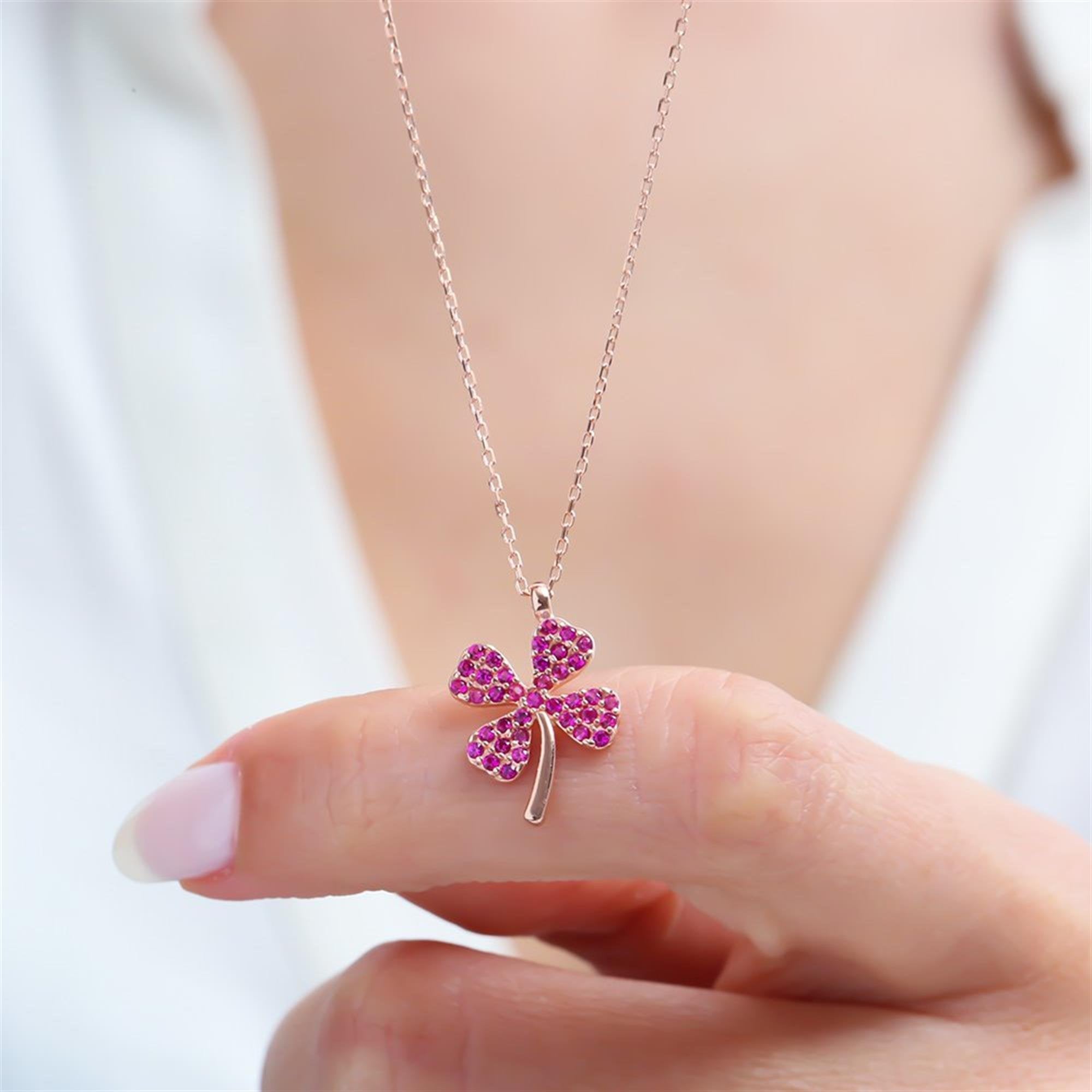 Lucky Clover Glow Fuchsia Color CZ Rose Gold 925K Sterling Silver Necklace
