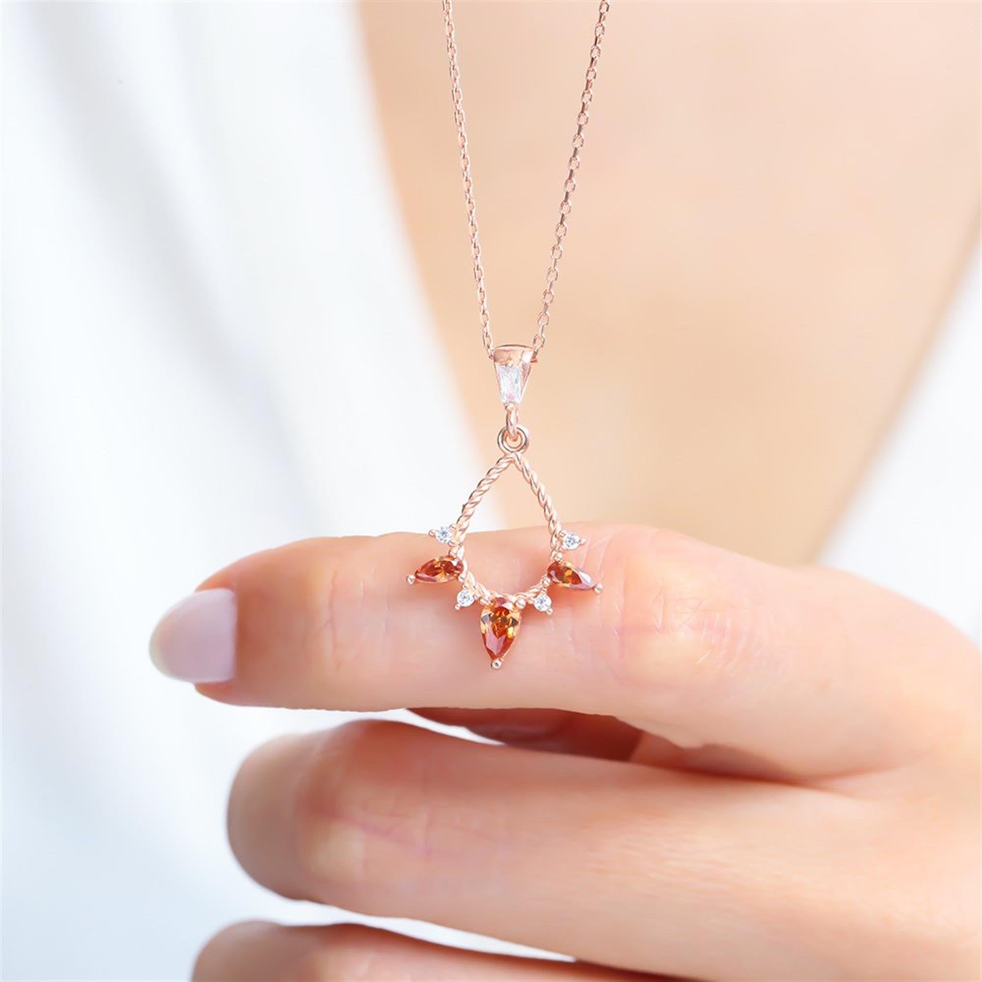 Garnet Raindrop Trill CZ Rose Gold 925K Sterling Silver Necklace