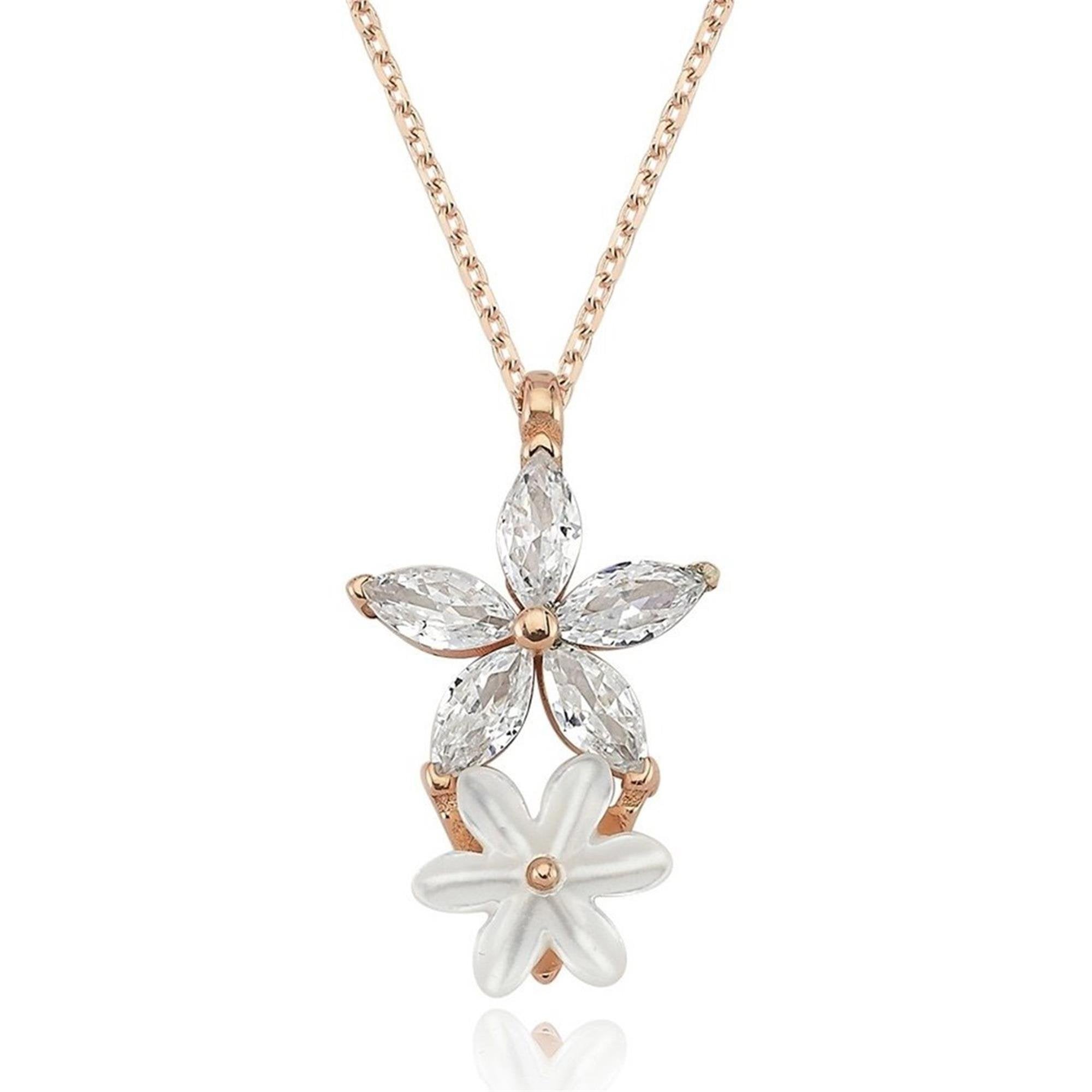 Twin Flower Dance Blooming Grace CZ Rose Gold 925K Sterling Silver Necklace