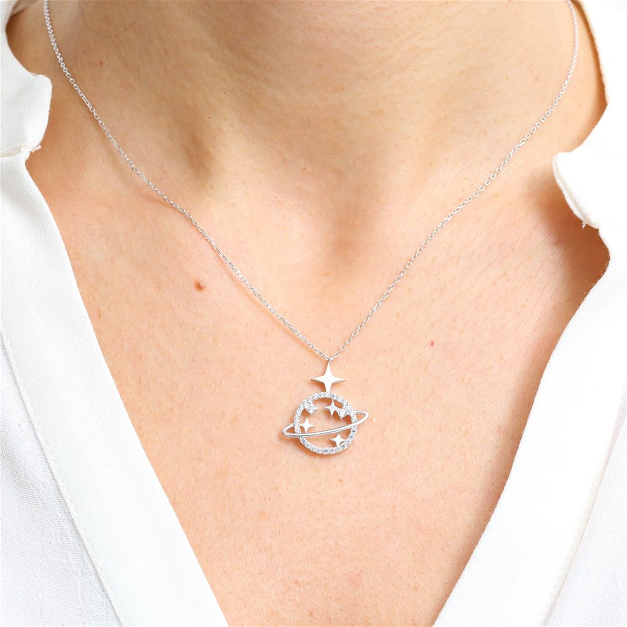 Celestial Planet Shine CZ 925K Sterling Silver Necklace