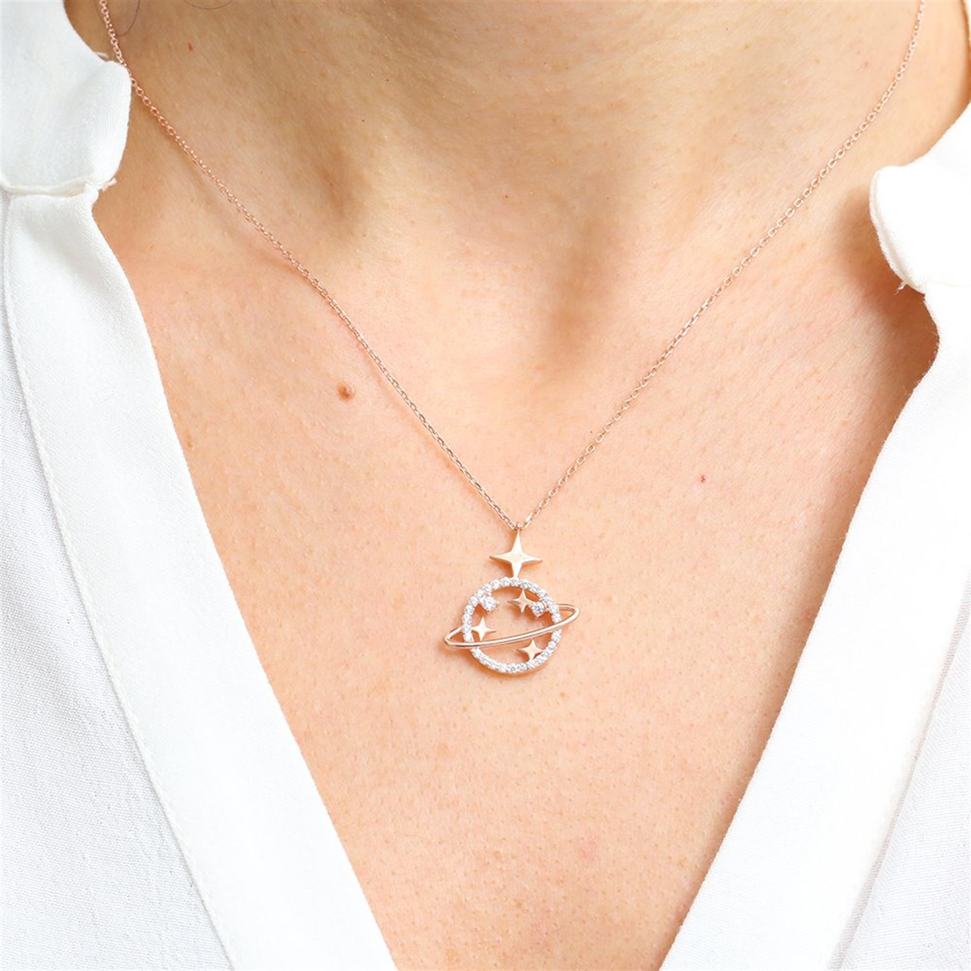 Celestial Planet Shine CZ Rose Gold 925K Sterling Silver Necklace