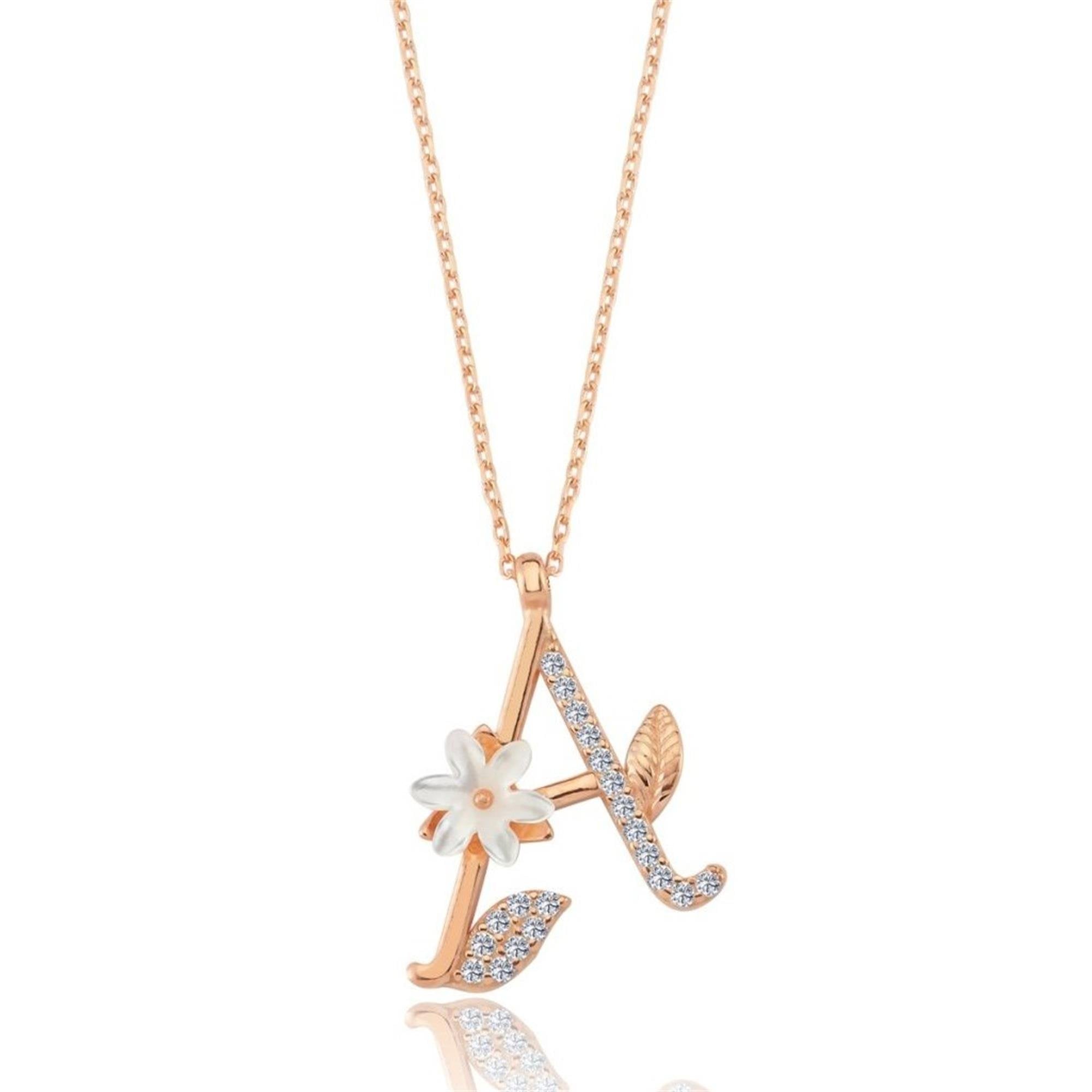 Magnolia Sparkle A Initial CZ Rose Gold 925K Sterling Silver Necklace
