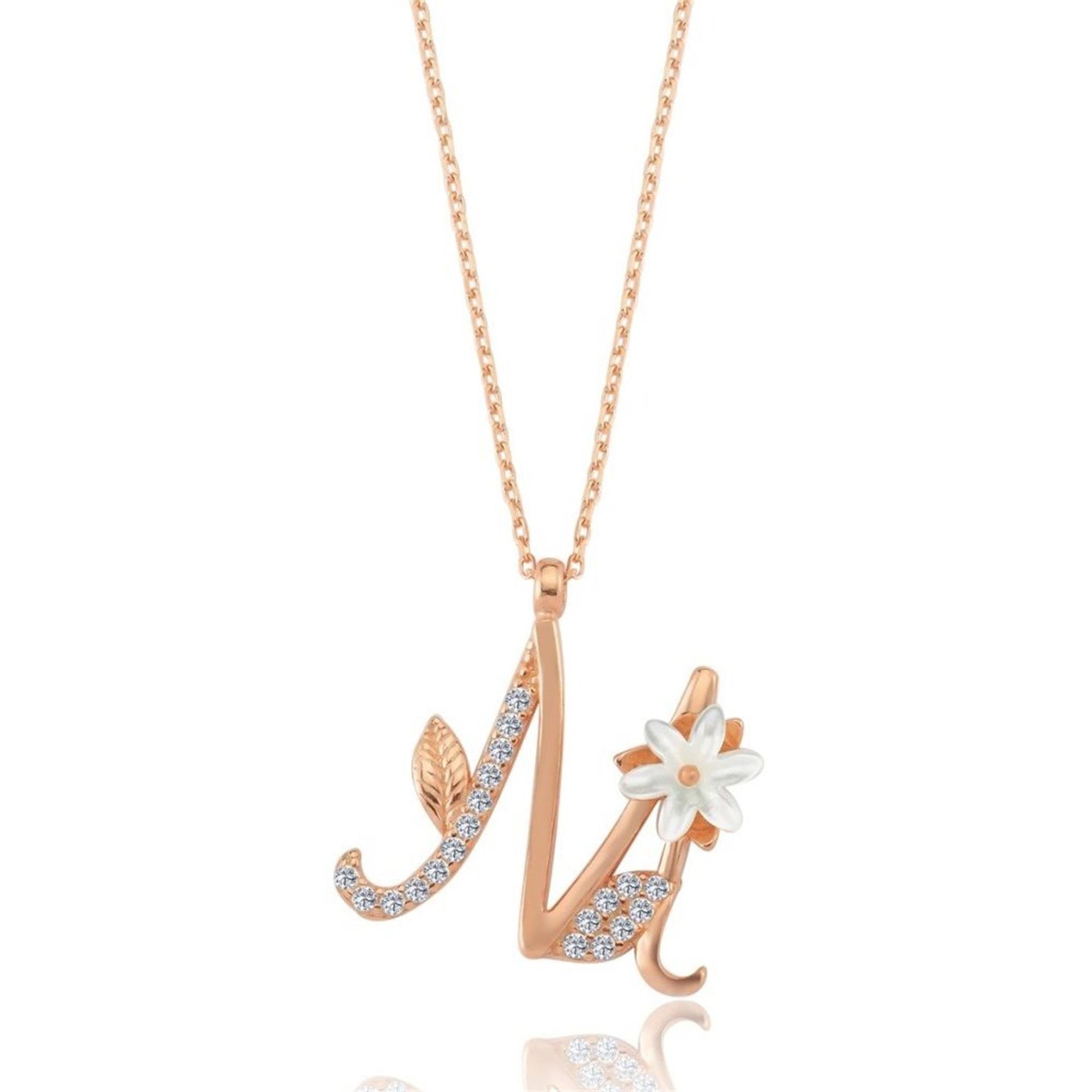 Magnolia Sparkle M Initial CZ Rose Gold 925K Sterling Silver Necklace