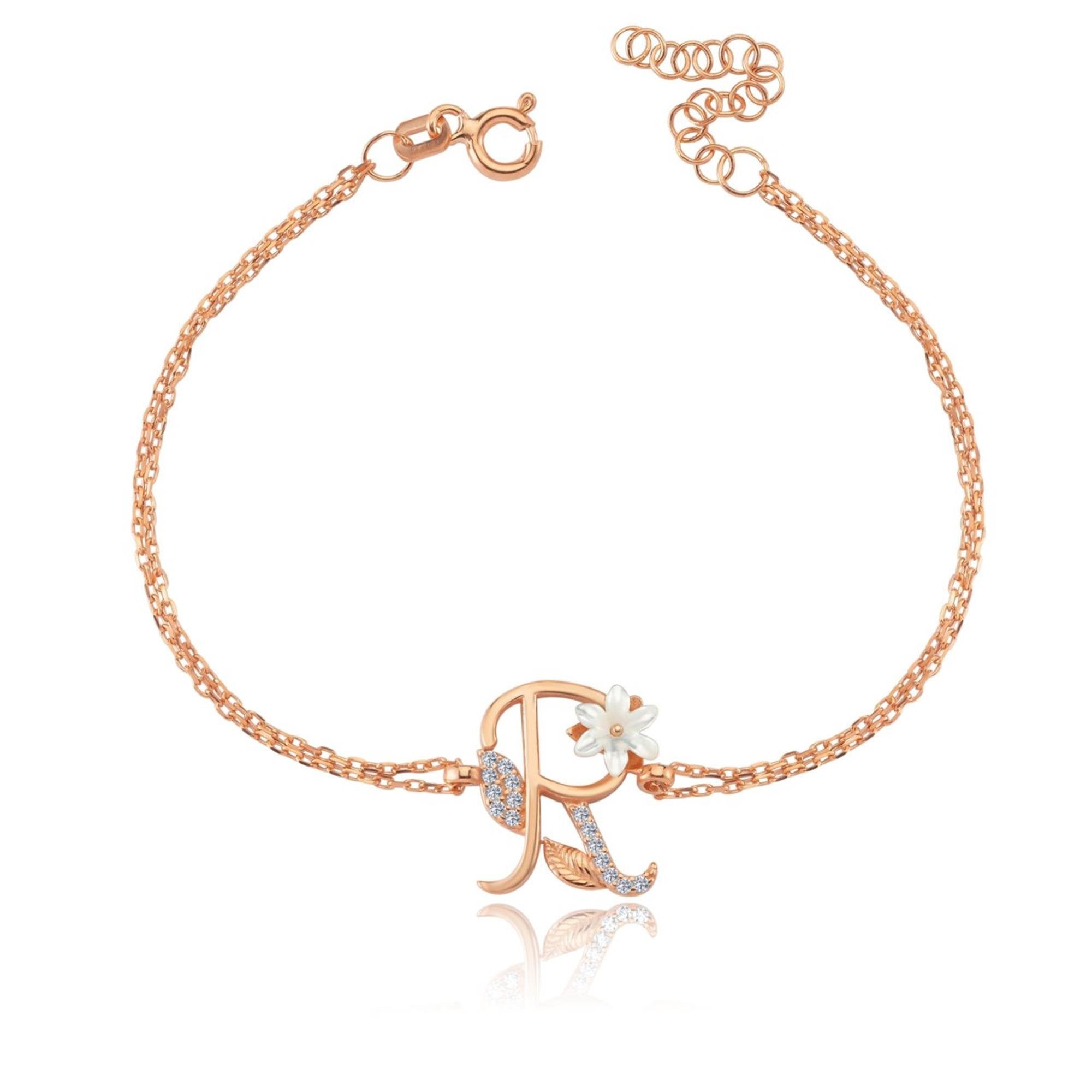 Magnolia Sparkle R Initial CZ Rose Gold 925K Sterling Silver Bracelet