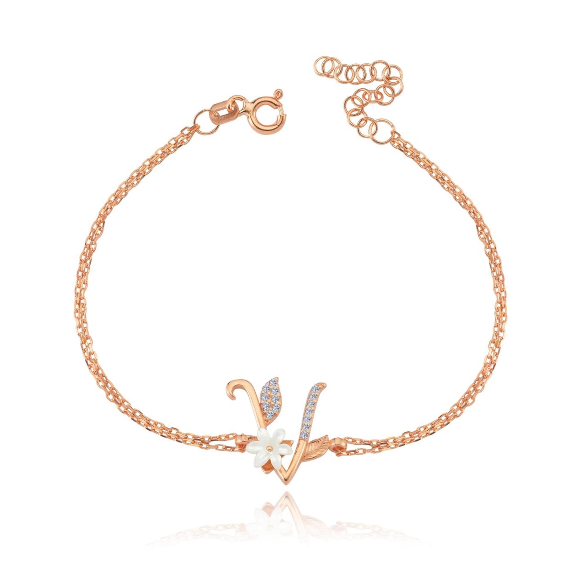 Magnolia Sparkle V Initial CZ Rose Gold 925K Sterling Silver Bracelet