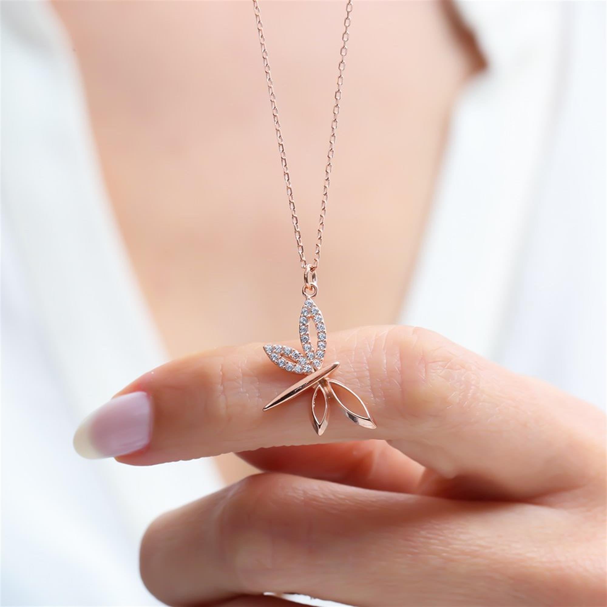 Radiant Dragonfly Wings CZ Rose Gold 925K Sterling Silver Necklace