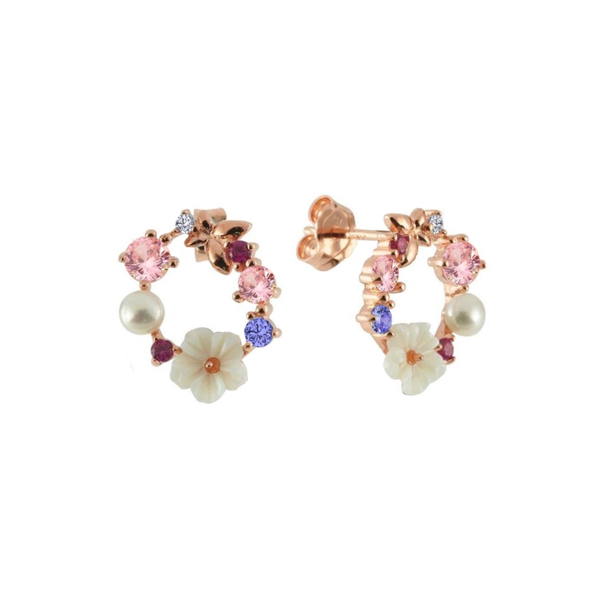 Springtime Elegance Floral Pearl CZ Rose Gold 925K Sterling Silver Earrings